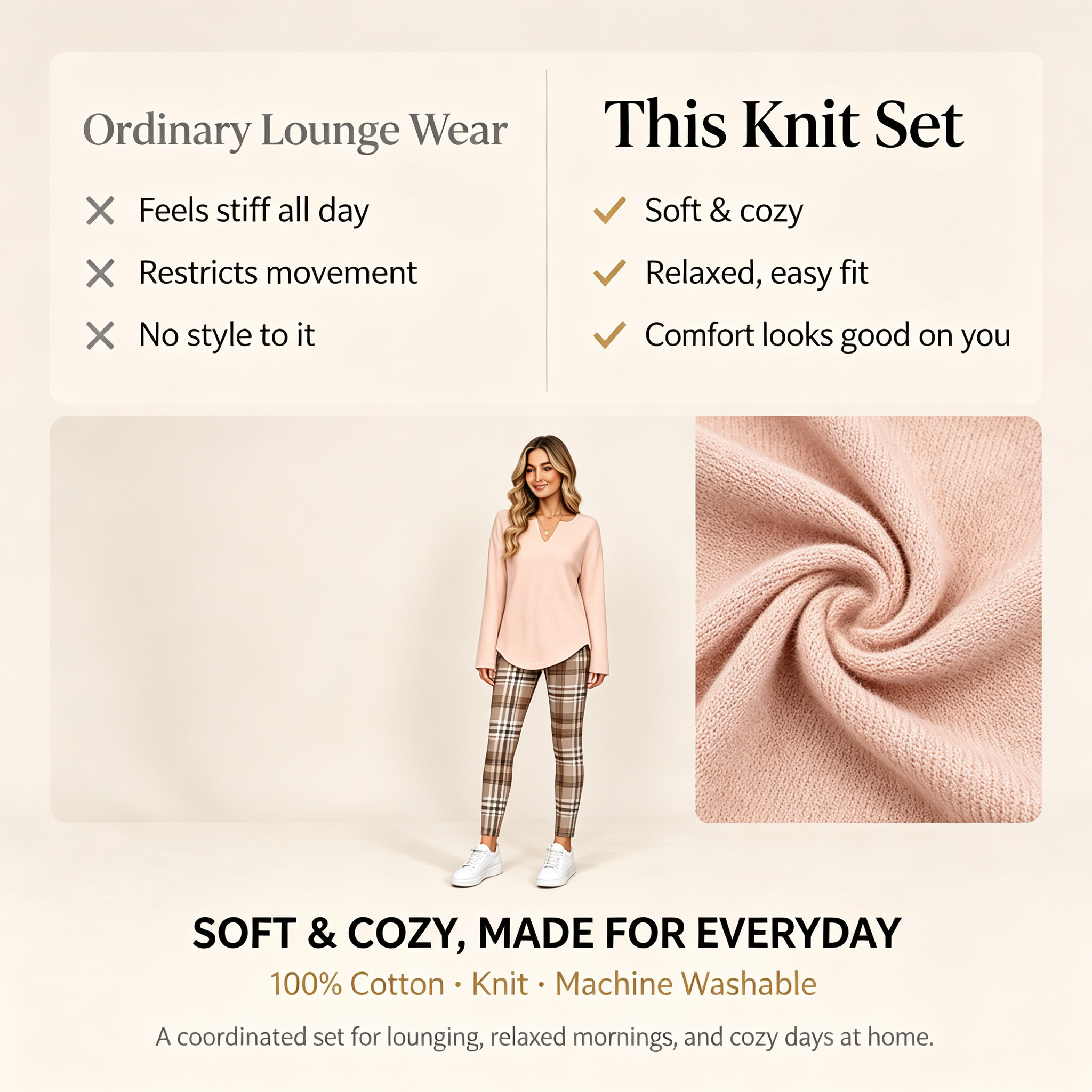 Comparison: ordinary lounge wear versus this soft knit cotton set
