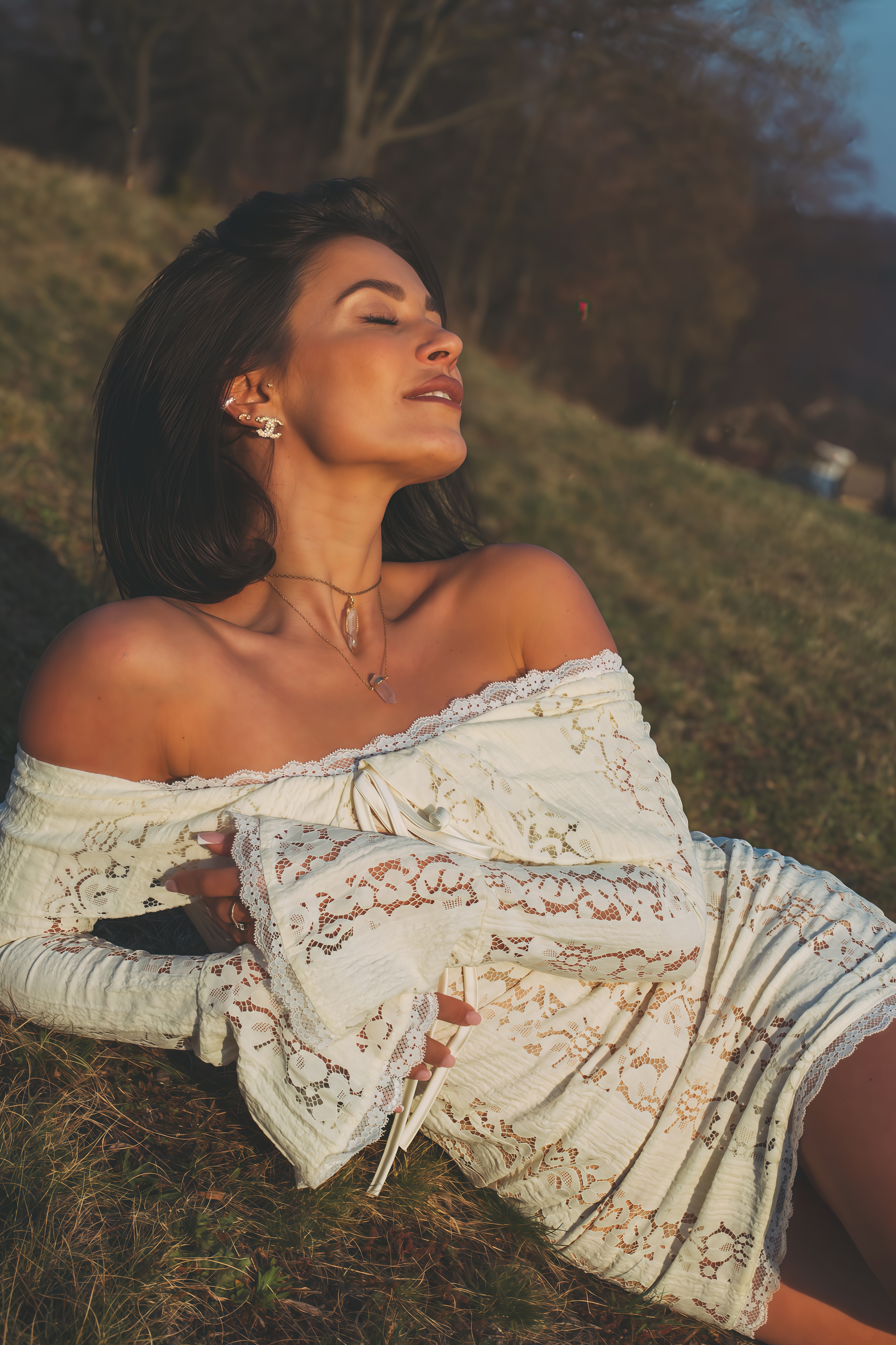 Émeline floral lace flared-cuff mini dress in Neutrals