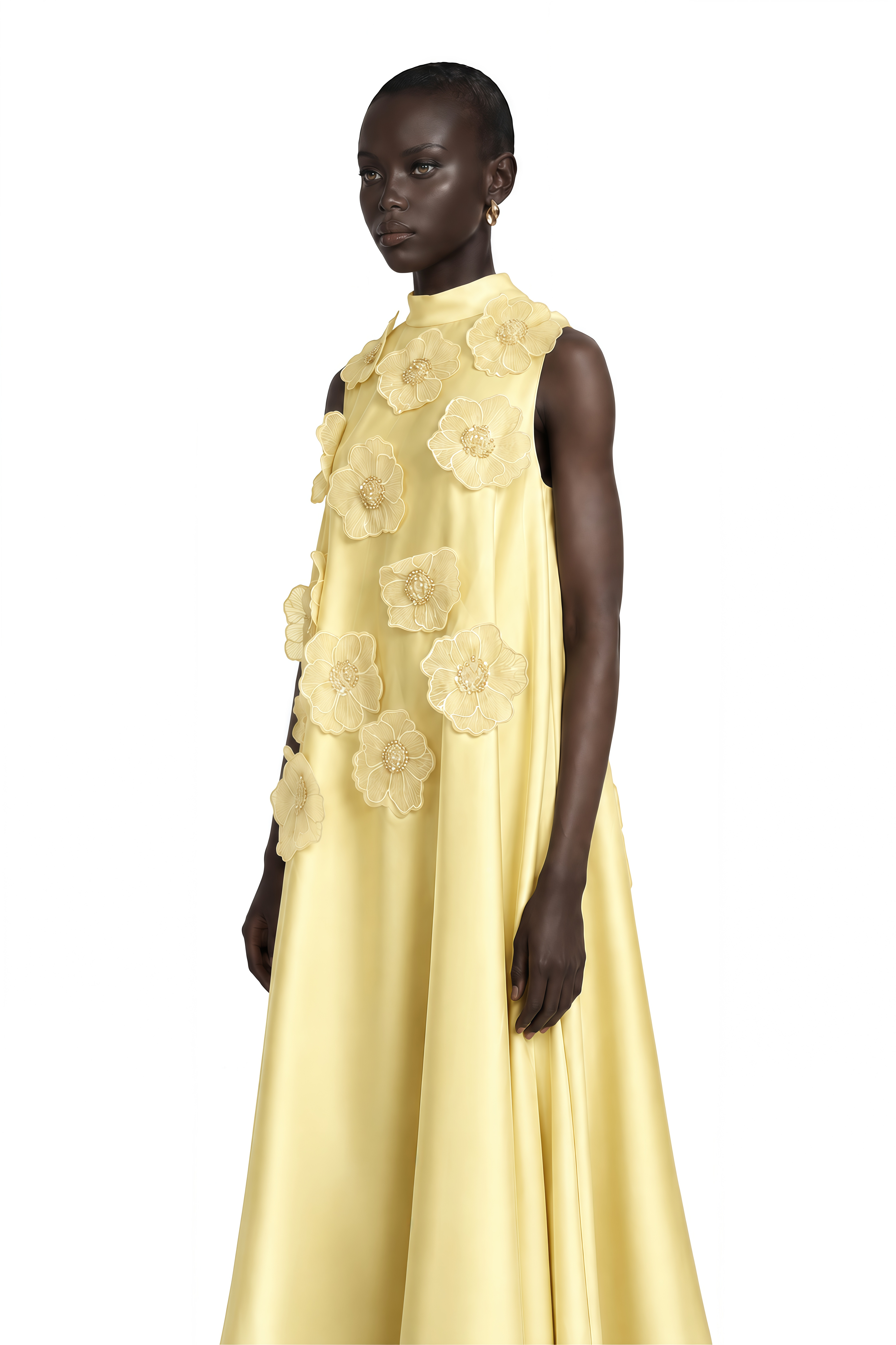 Émilie Sleeveless Floral-Applique Midi Dress in Yellow