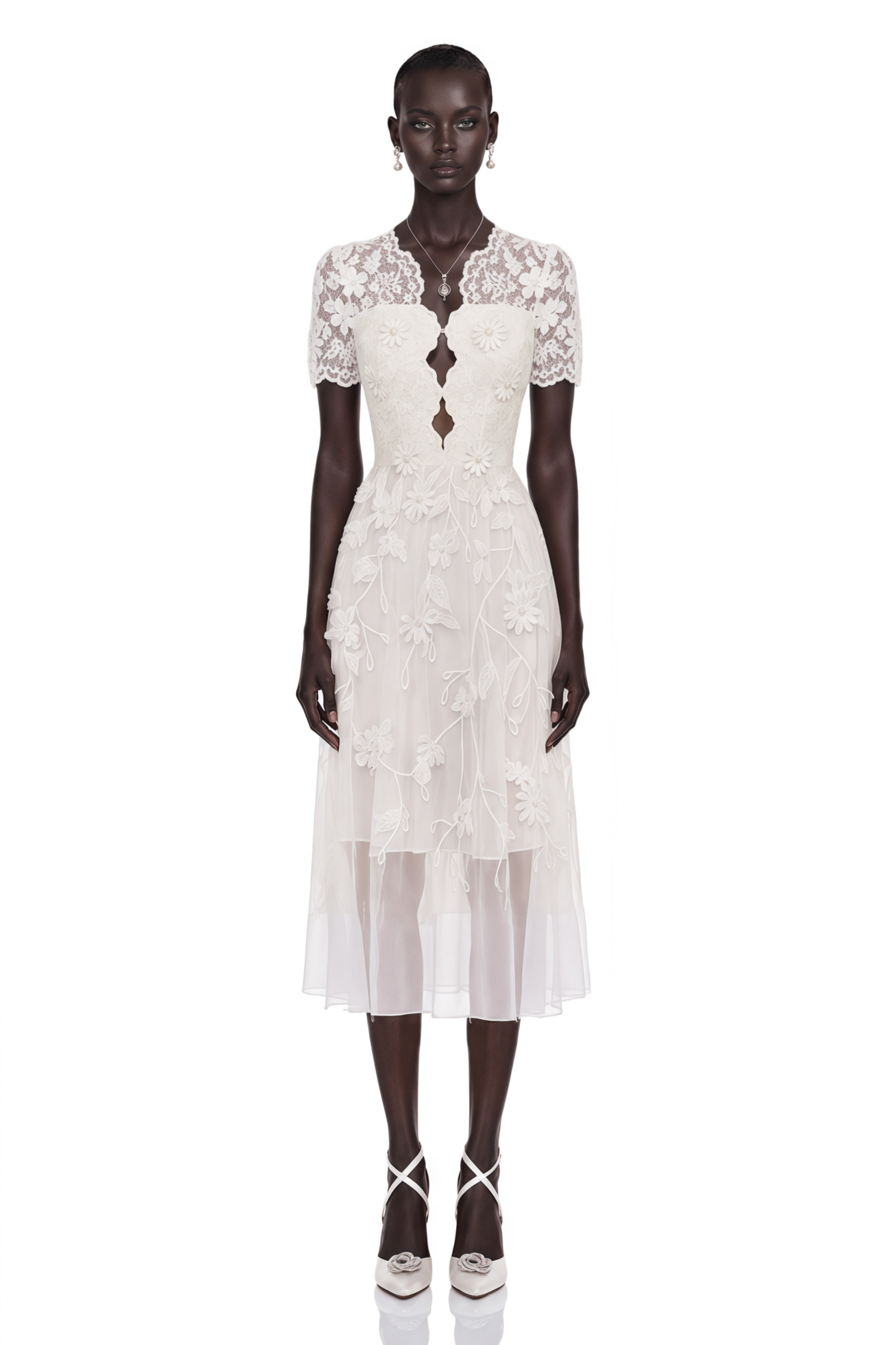 Quetz White Midi Dress with 3D Petals