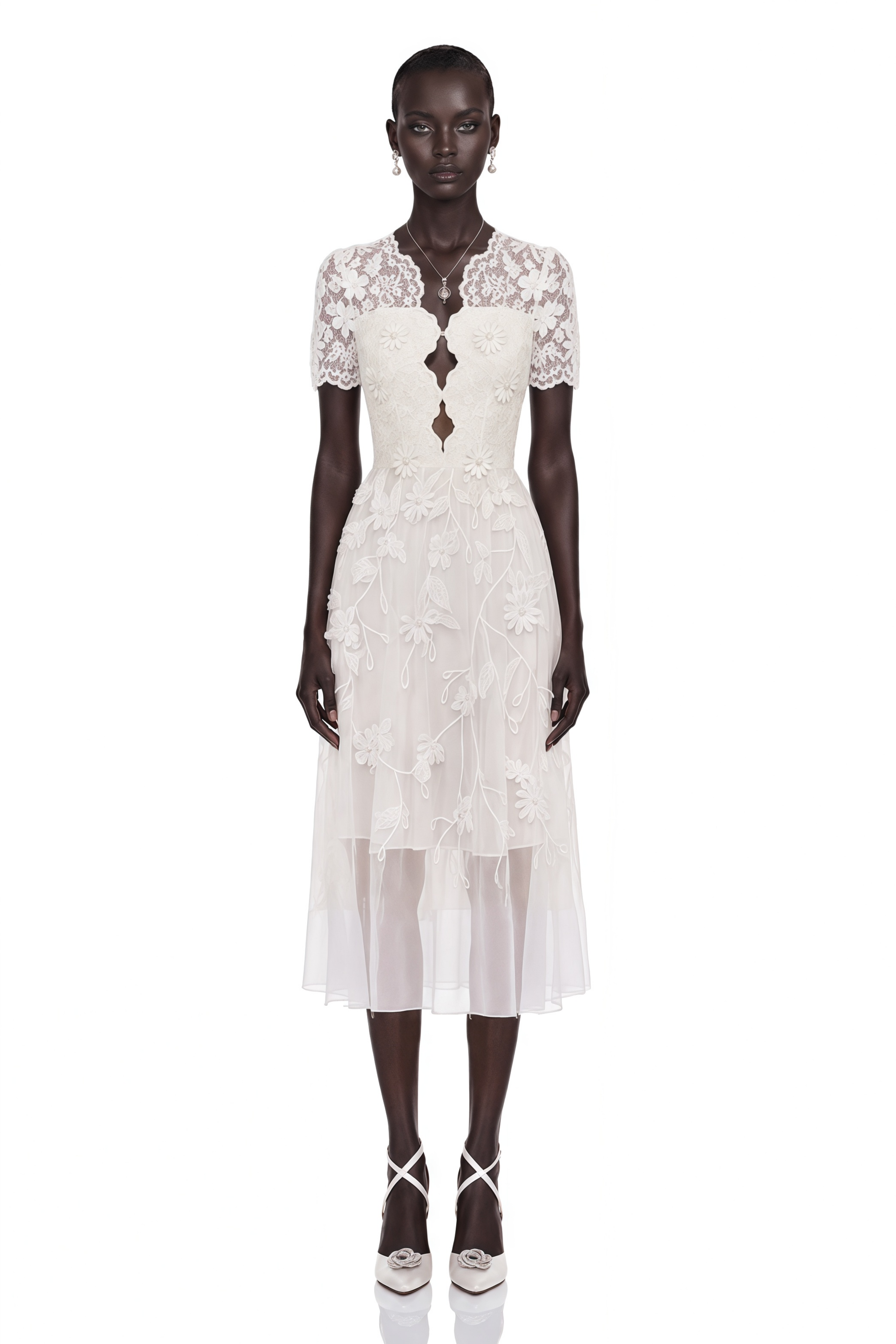 Quetz White Midi Dress with 3D Petals