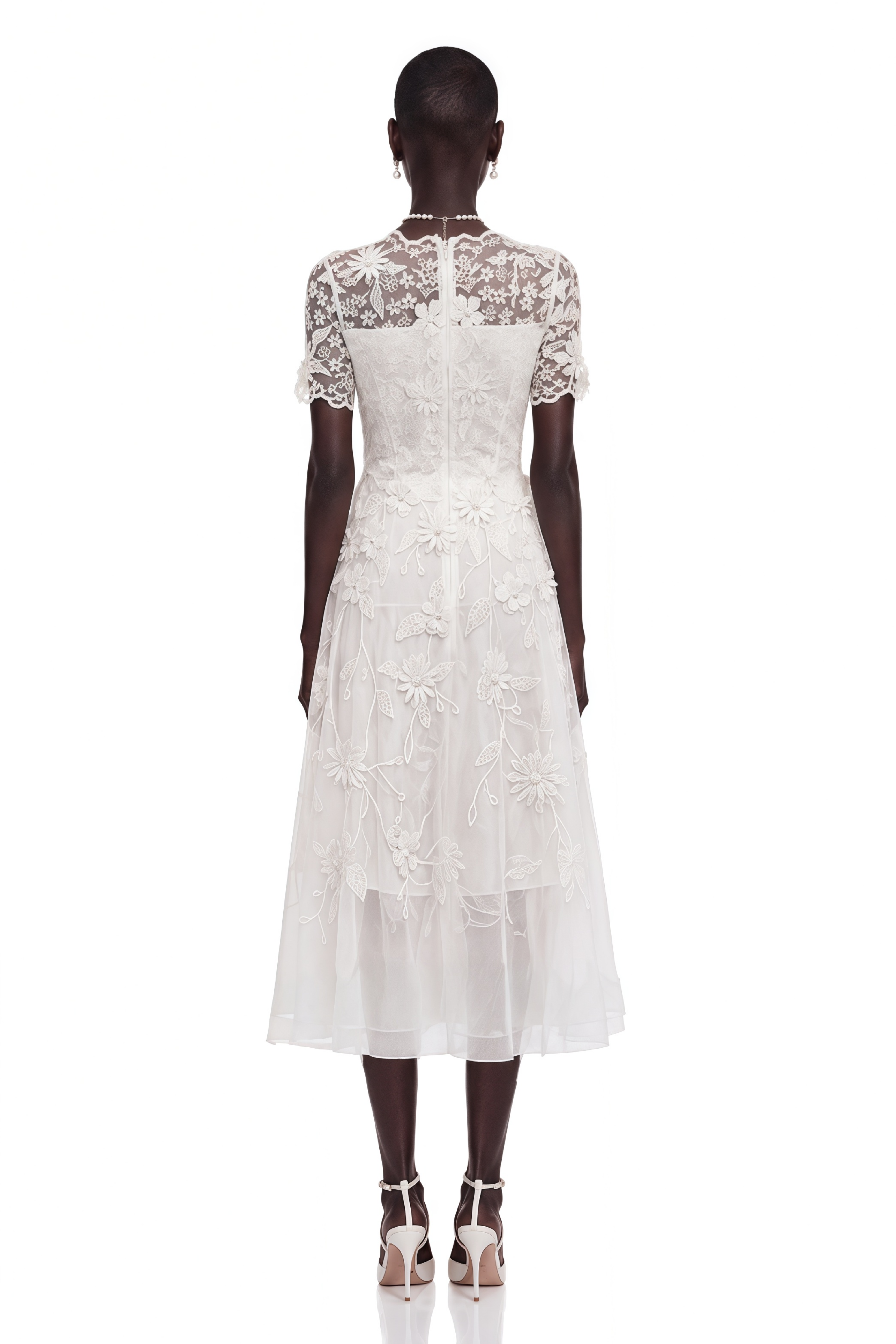 Quetz White Midi Dress with 3D Petals