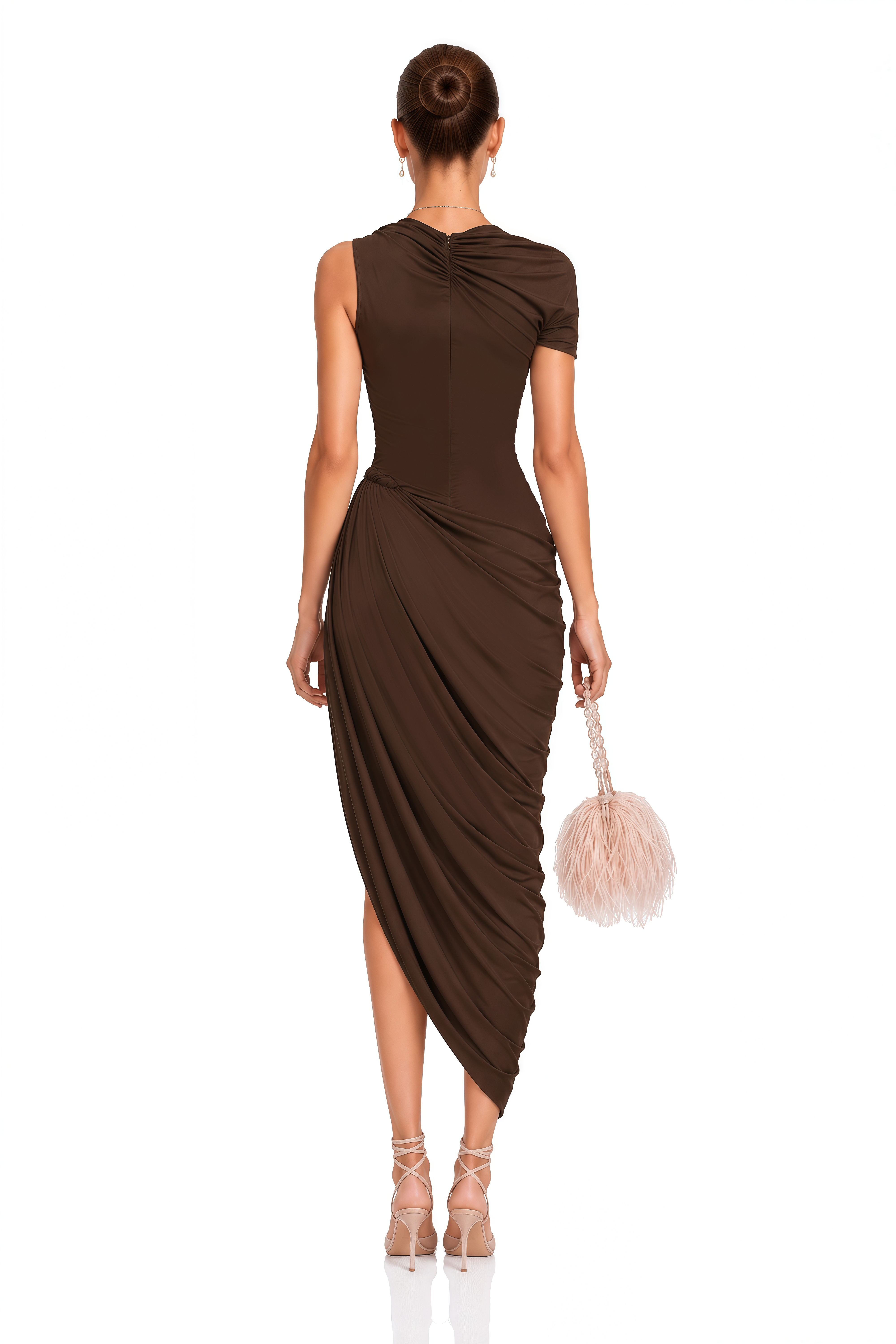 Prune Brown Night Out Asymmetrical Ruched Midi Dress