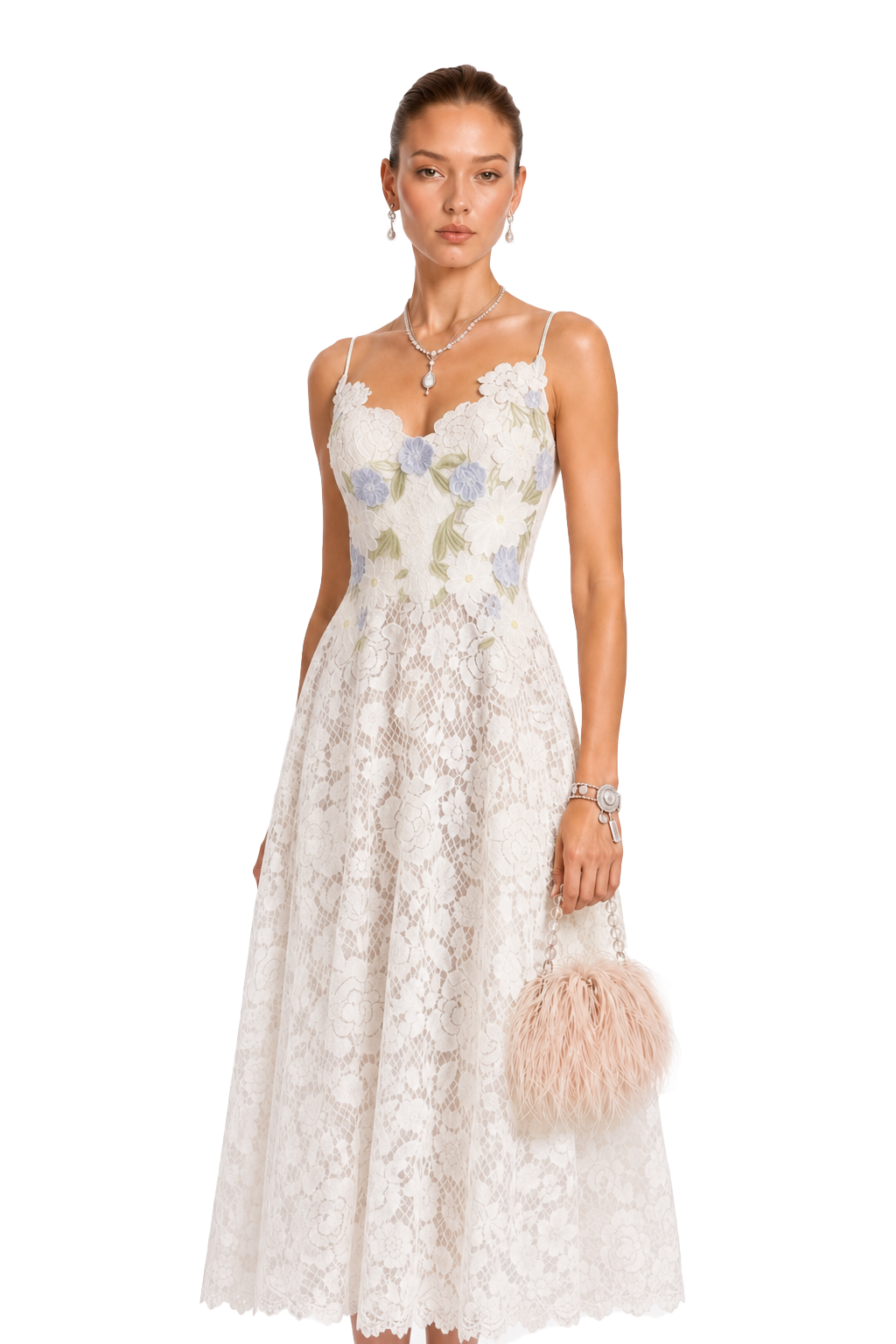 Solea White Floral Embroidered Lace Midi Dress