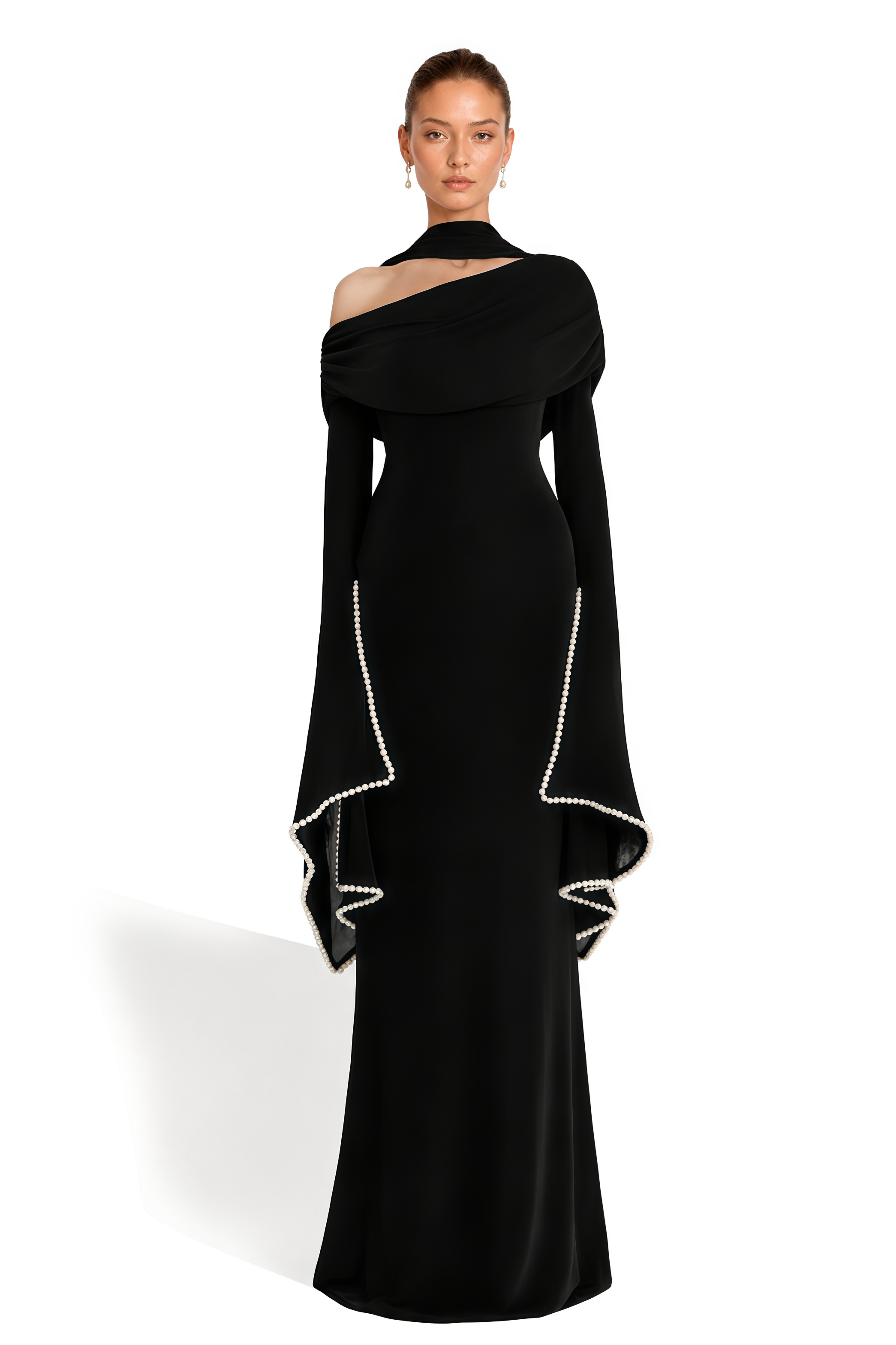 Simona Black One Shoulder Pearl Trim Maxi Gown