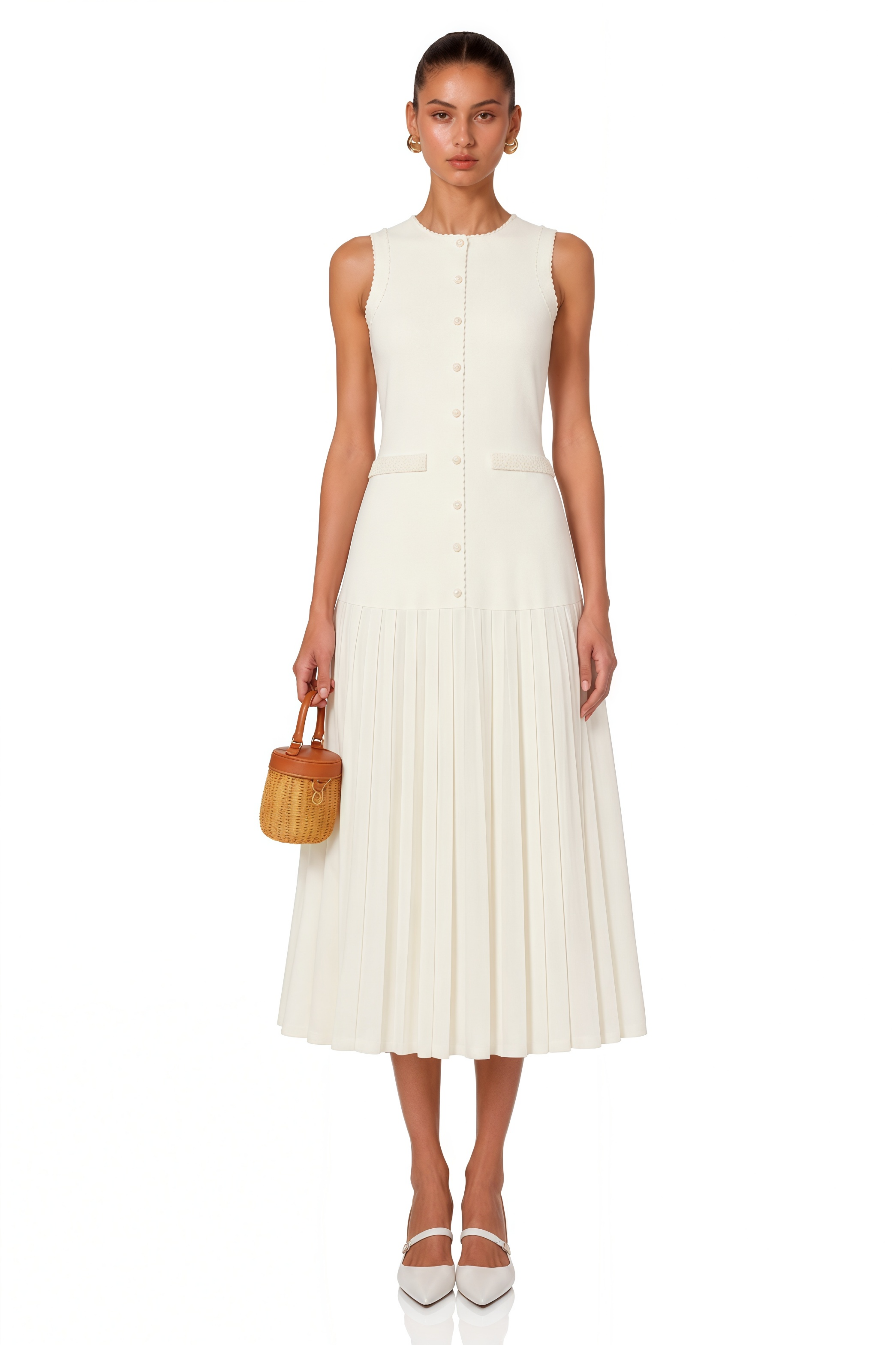 Aurore Beige Faux-Pearl Midi Dress