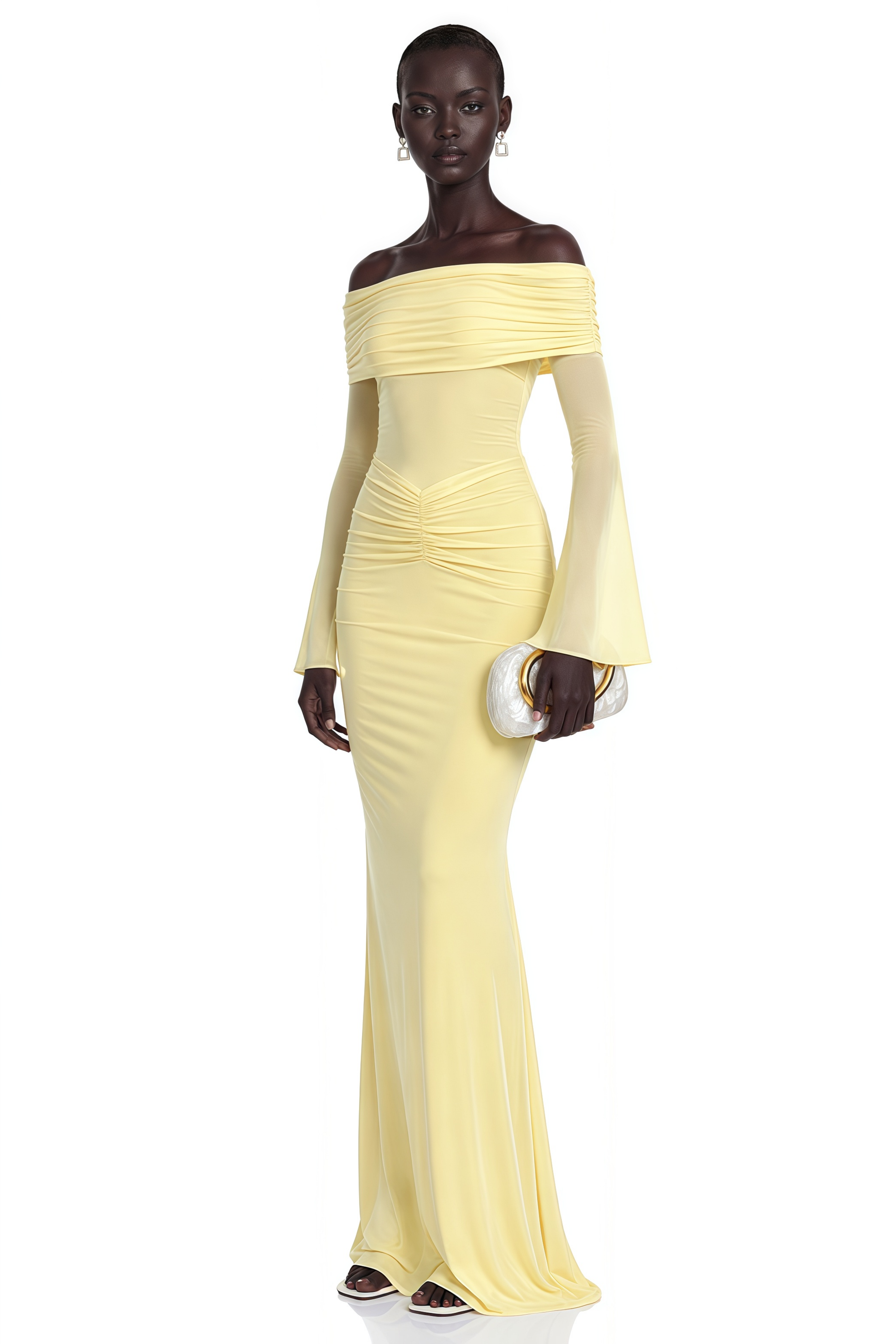 Ninon Yellow Off Shoulder Ruched Maxi Dress