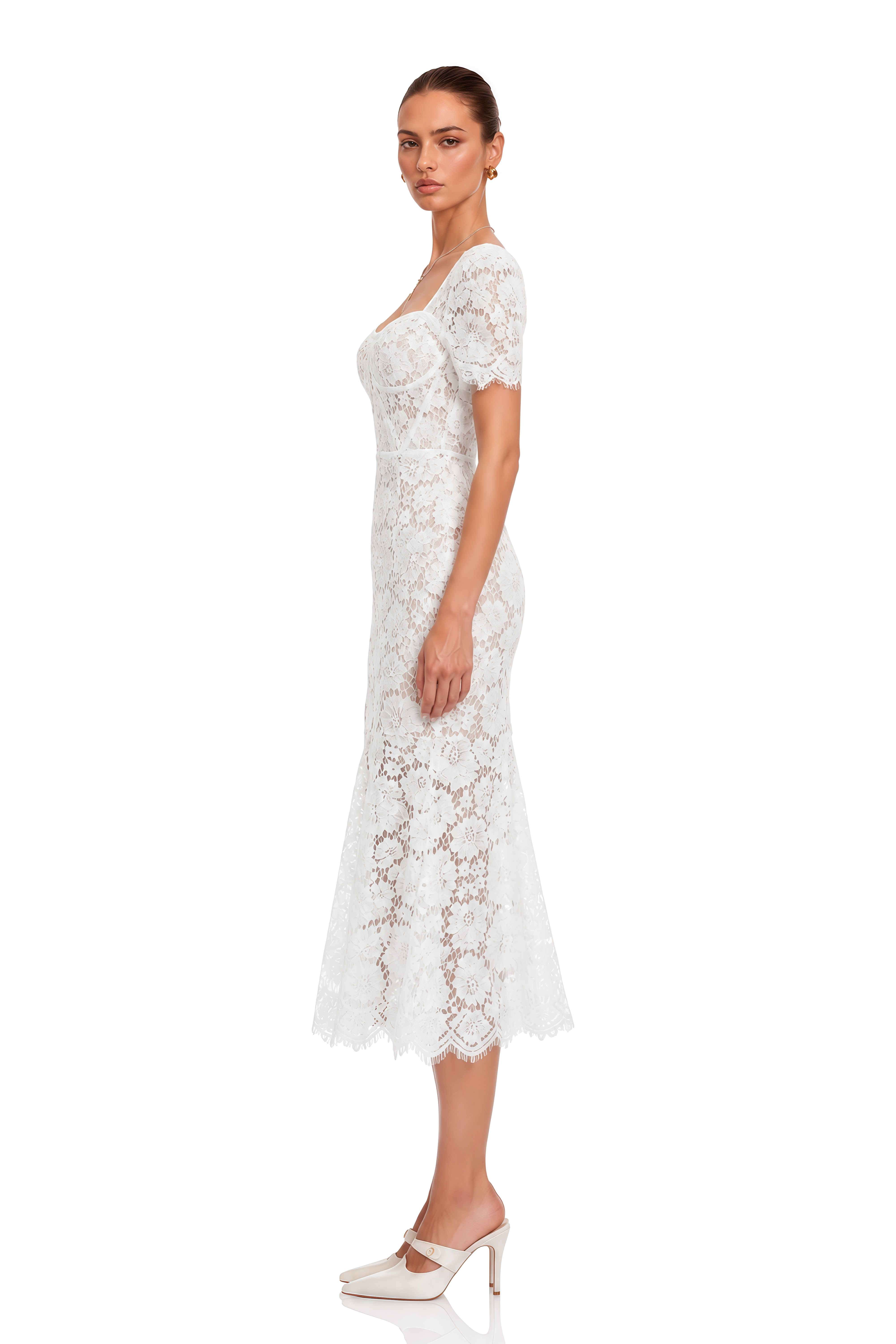 Giselle White Puff Sleeve Floral Lace Midi Dress