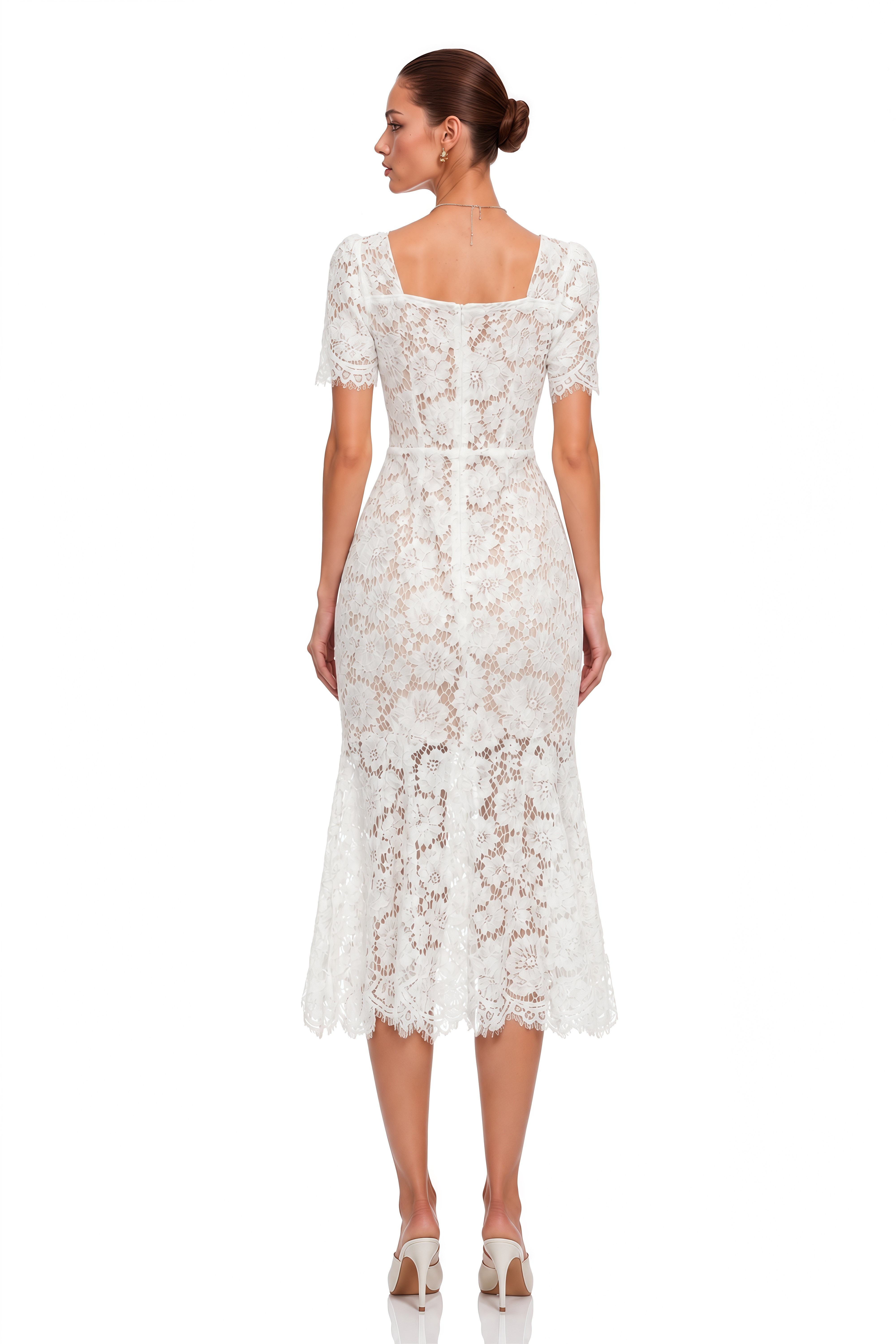 Giselle White Puff Sleeve Floral Lace Midi Dress
