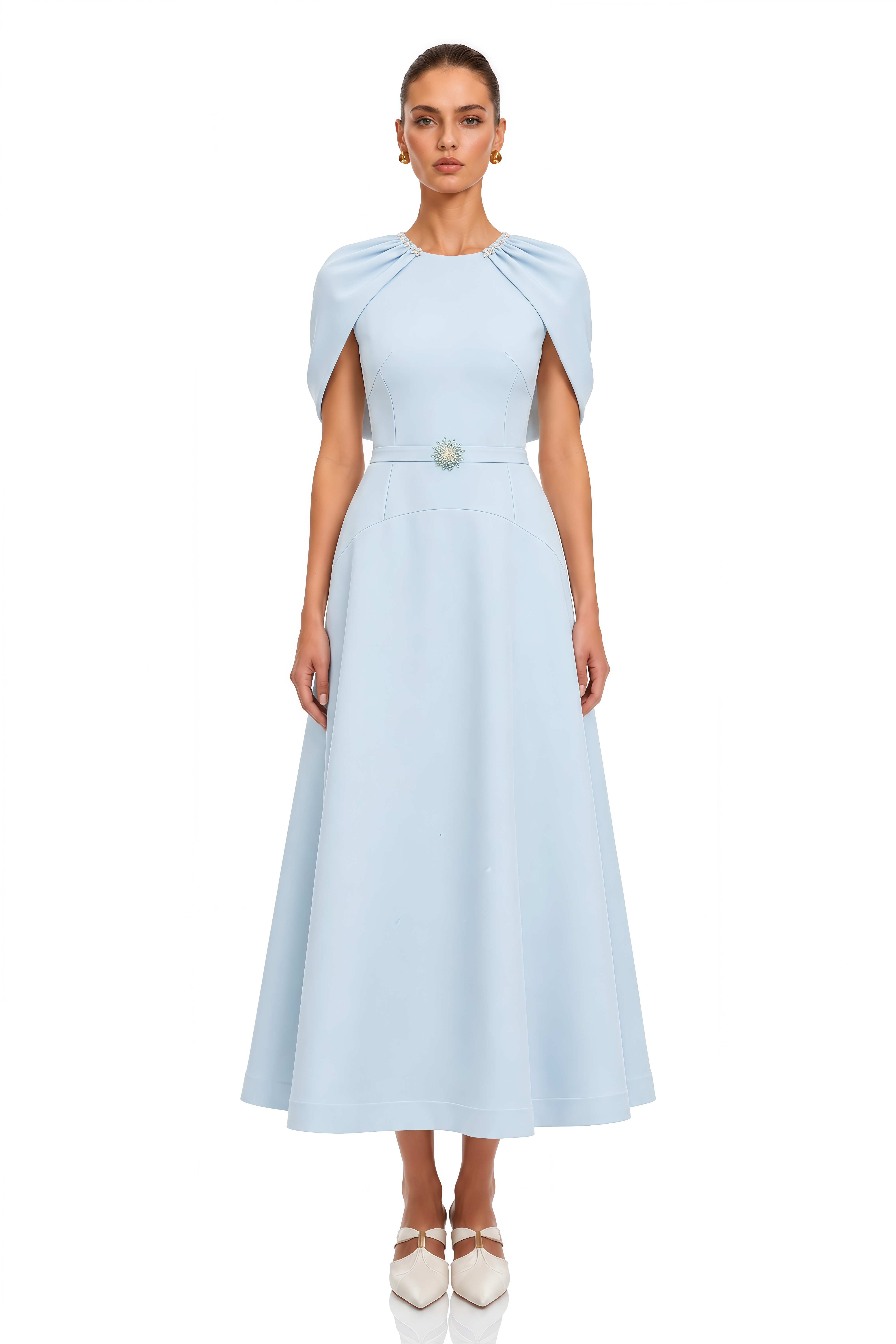 Lina Blue Shawl-Panel Embellished Midi Dress