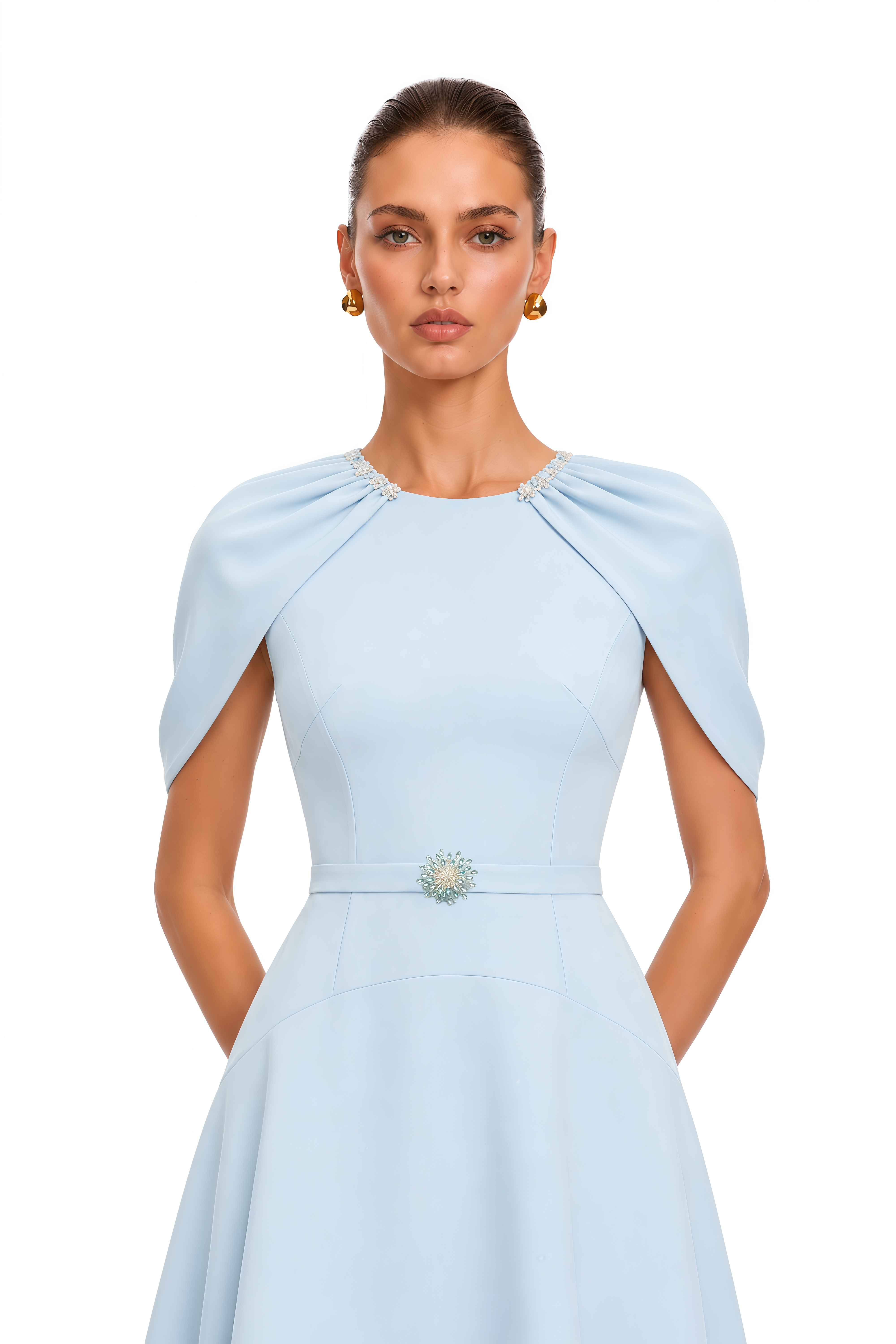 Lina Blue Shawl-Panel Embellished Midi Dress