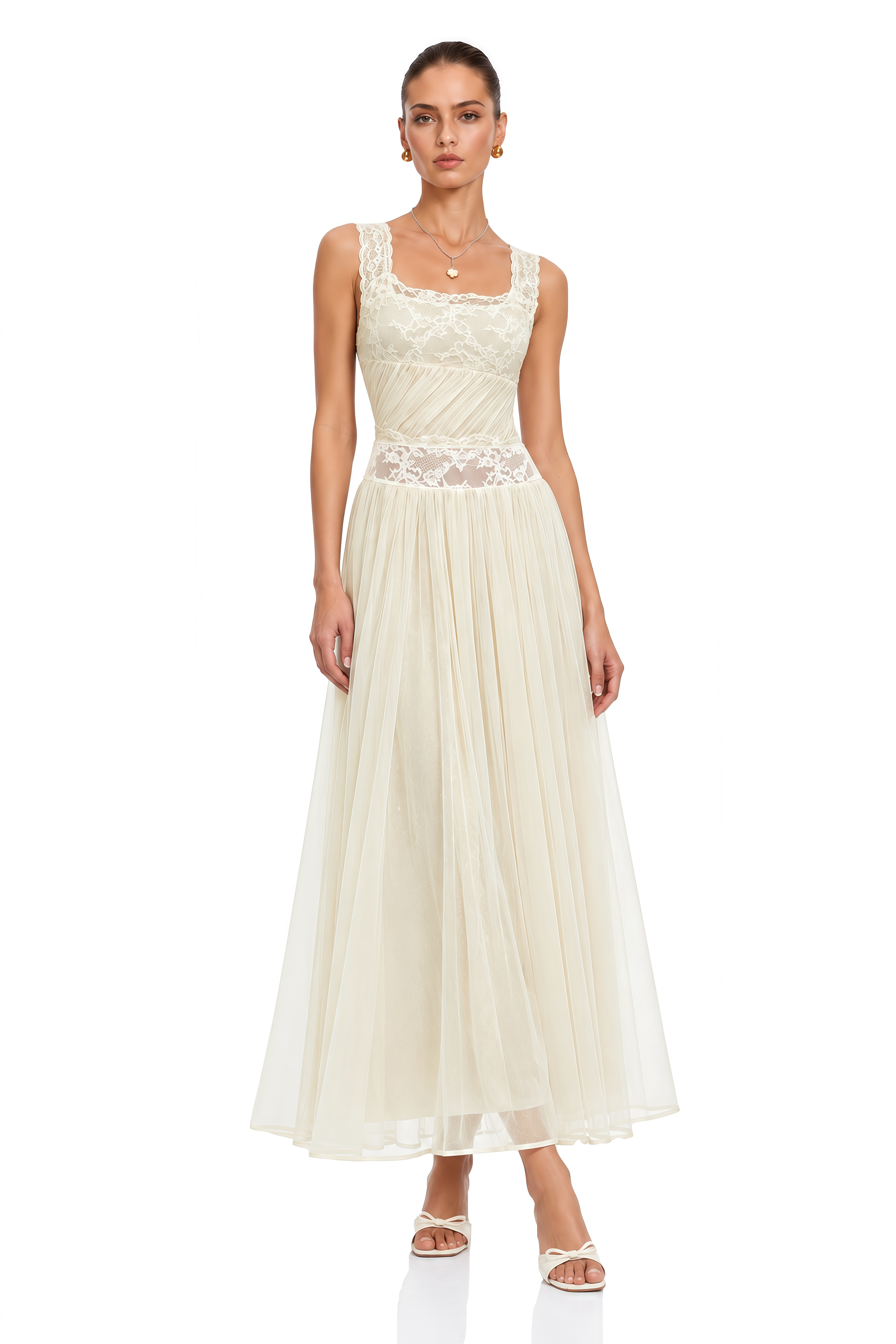 Wolfgang White Pleated Maxi Dress with Lace Panels