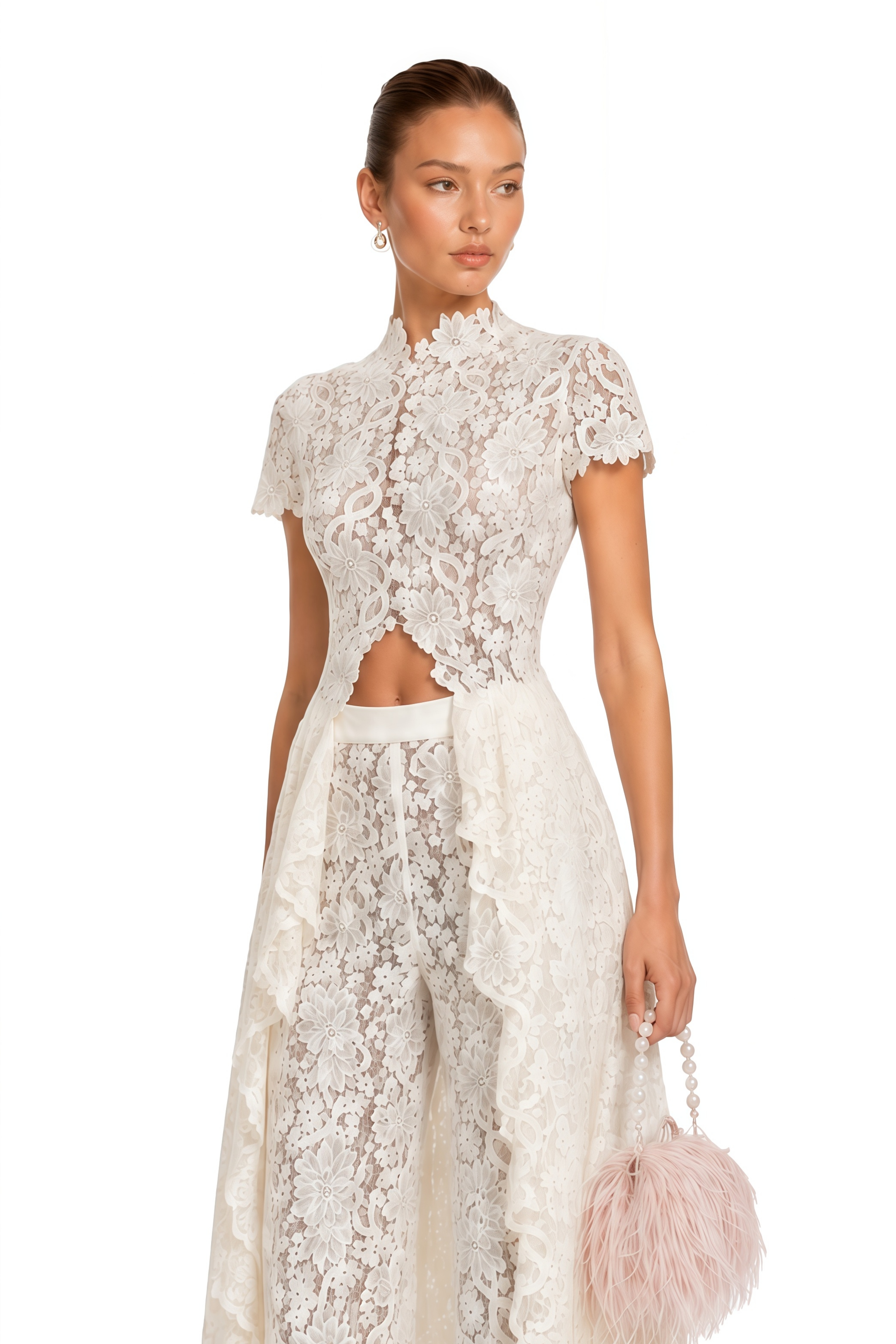 Loana White Floral Lace Top & Trousers Set   