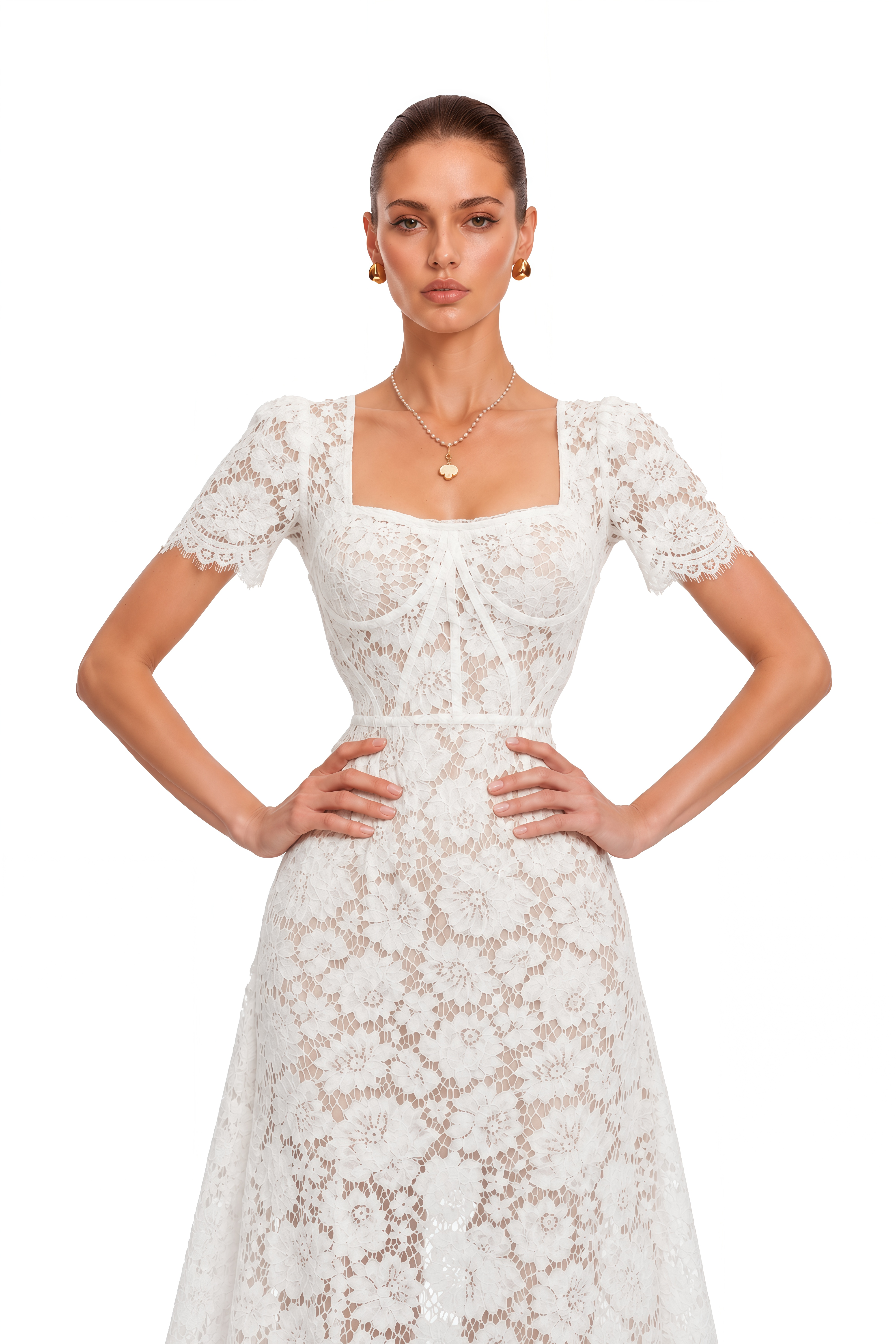 Giselle White Puff Sleeve Floral Lace Midi Dress