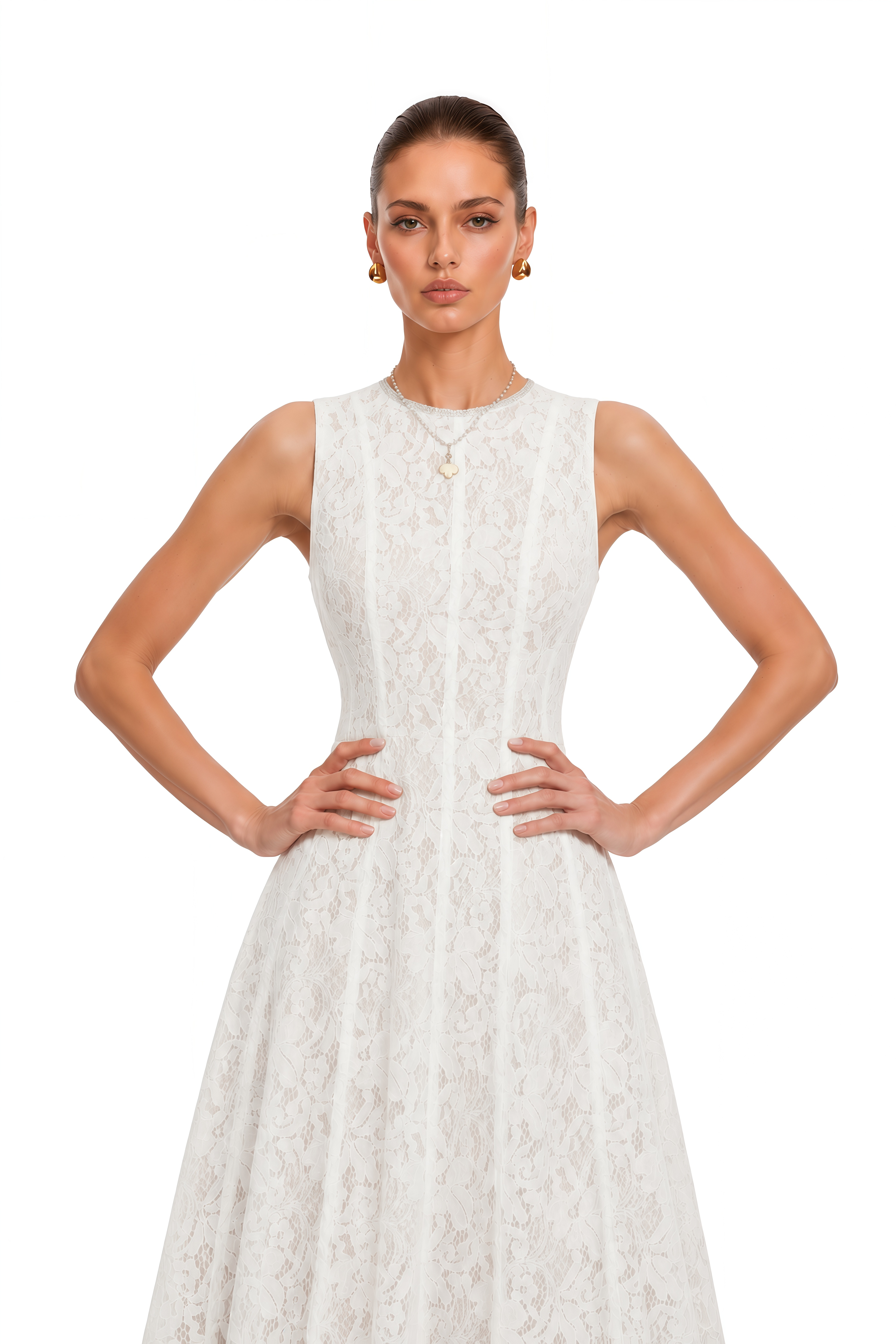 Guinevere White Sleeveless Floral Lace Midi Dress
