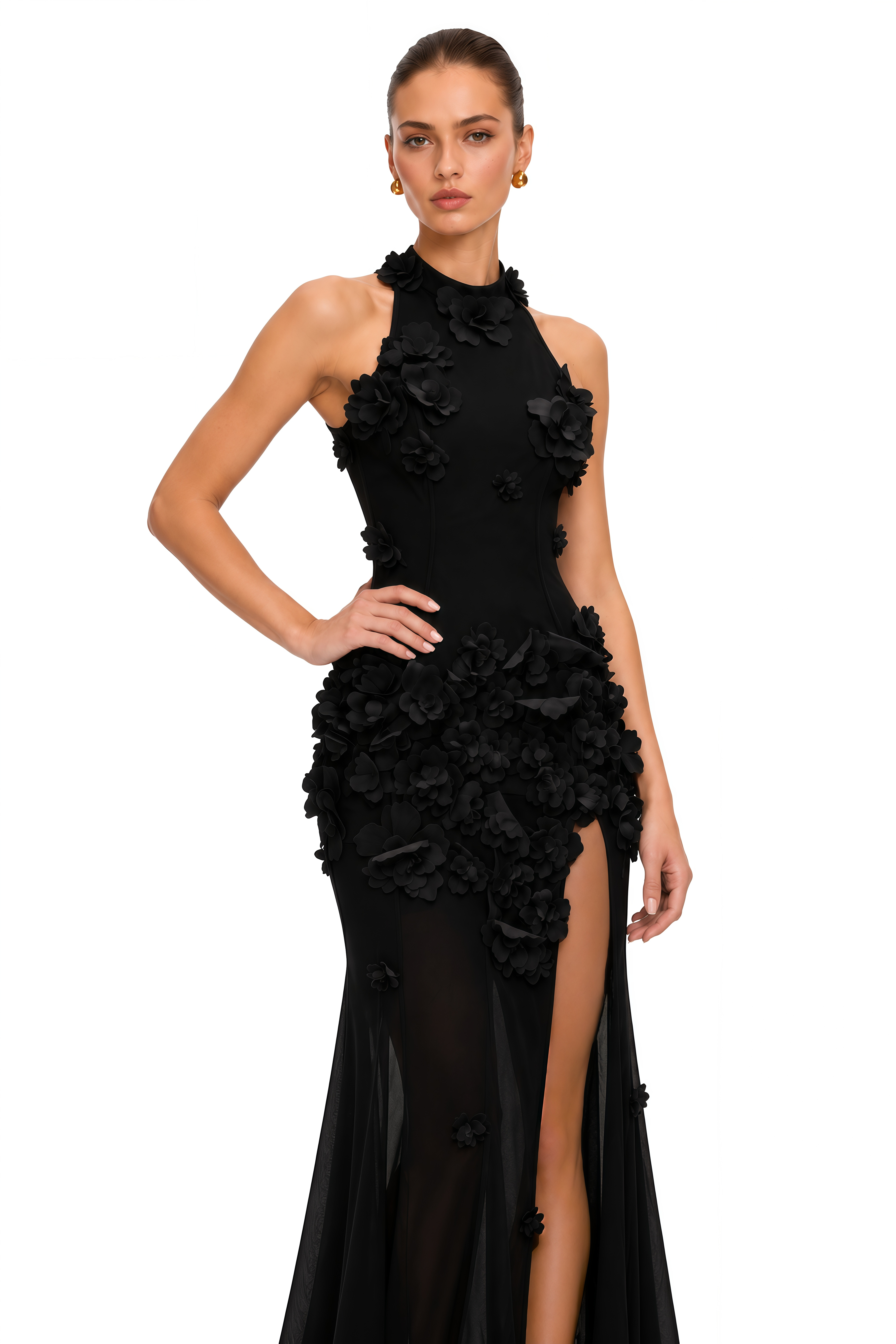 Guinevere Black Halterneck Maxi Dress with 3D Florals