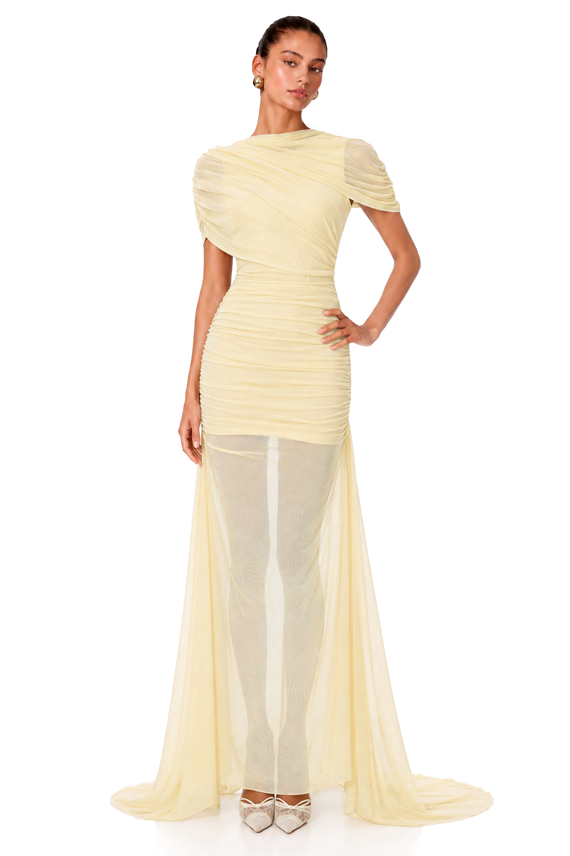 Sylphe Yellow Asymmetrical Ruched Mesh Maxi Dress