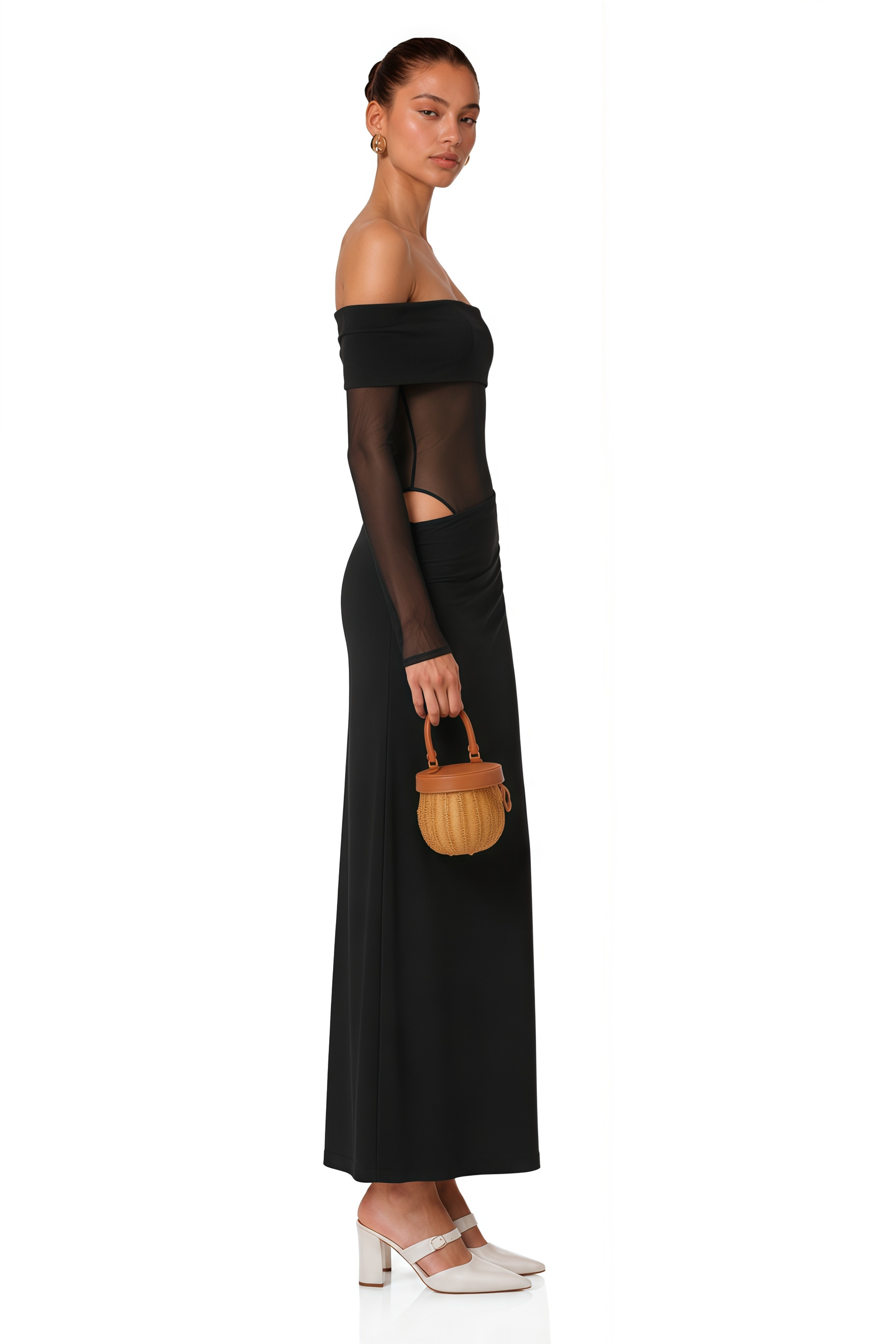 Estelle off-shoulder semi-sheer midi dress in Black