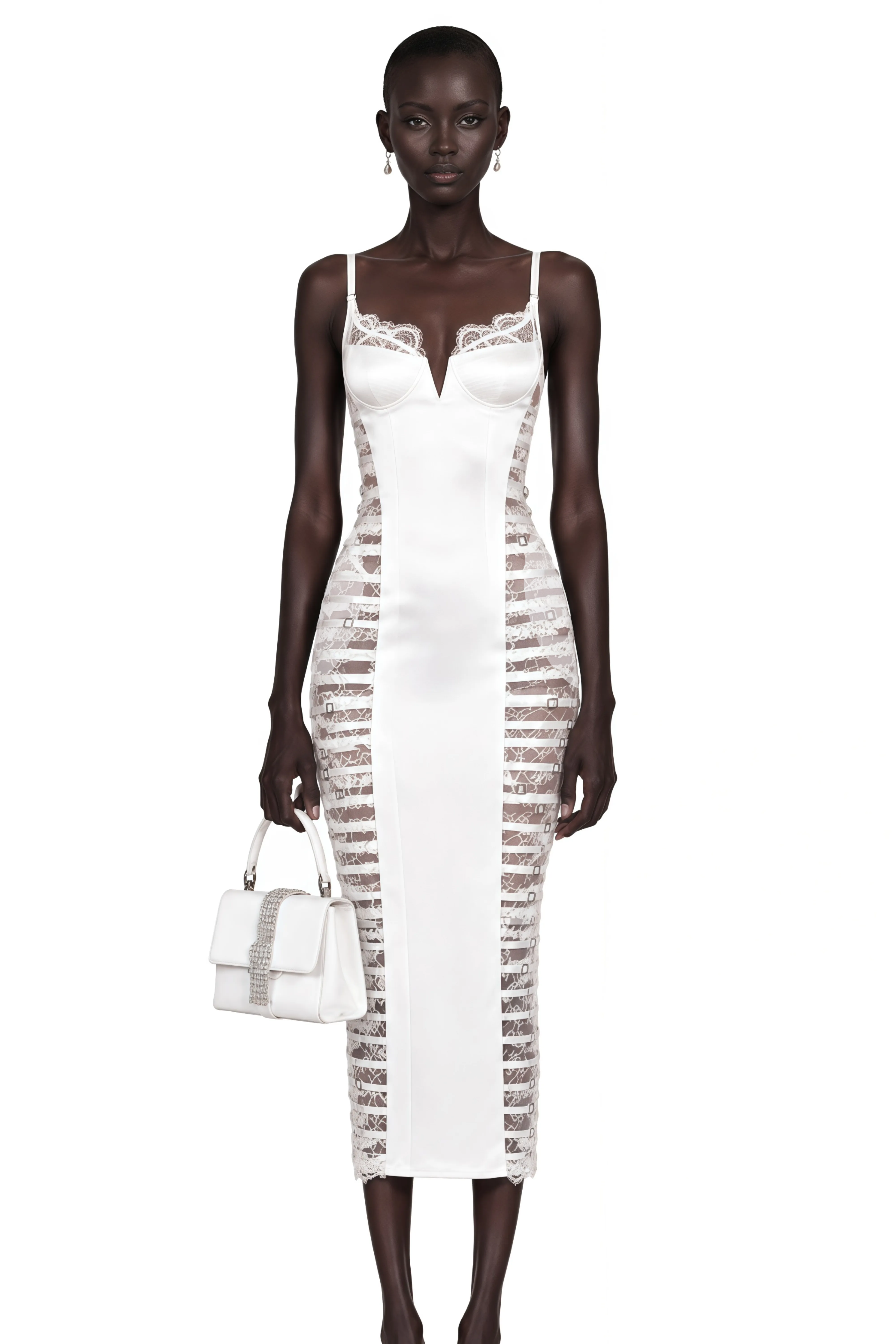 Melora White Floral Lace Semi-Sheer Midi Dress