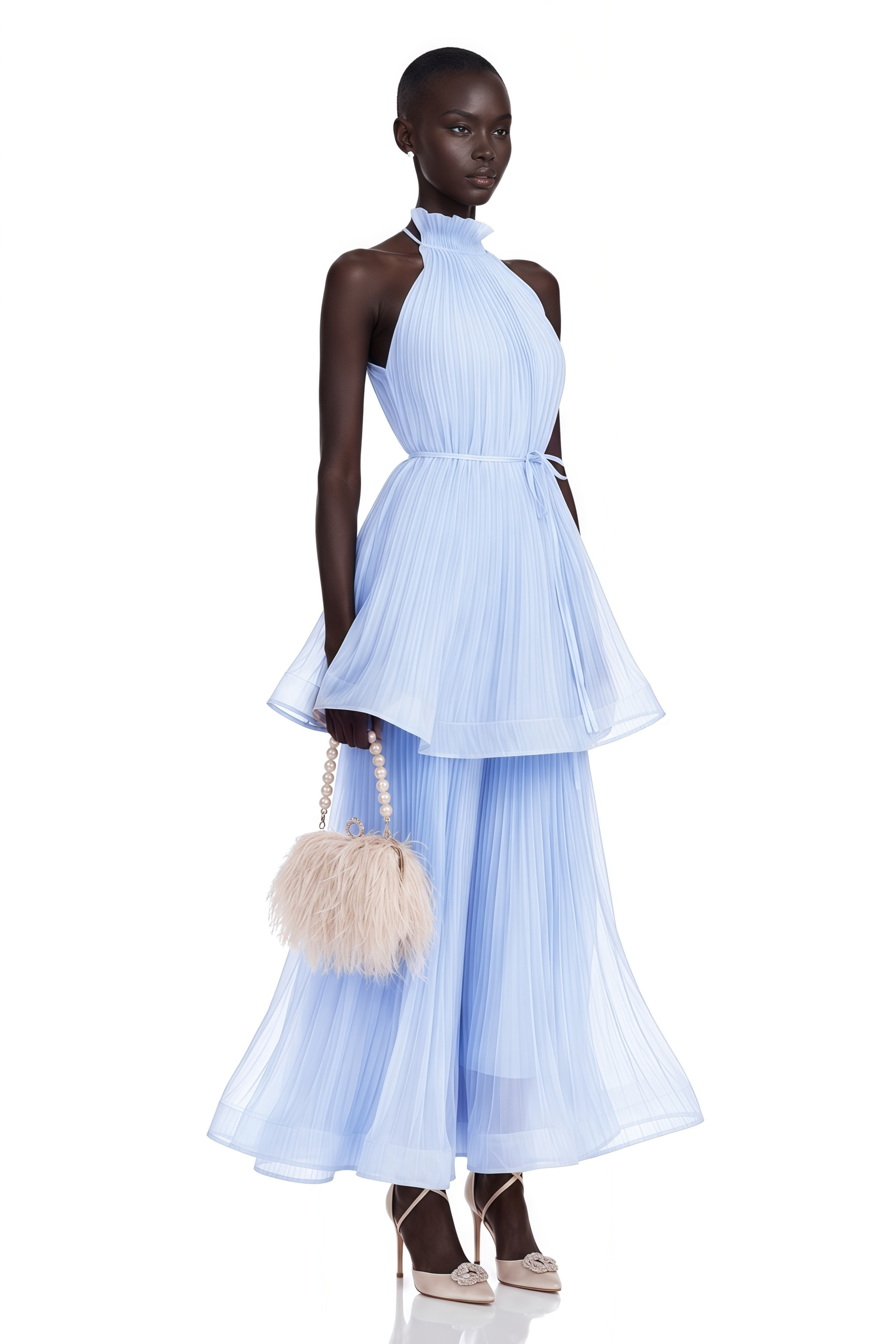 Zélie Blue Flounced Pleated Maxi Dress