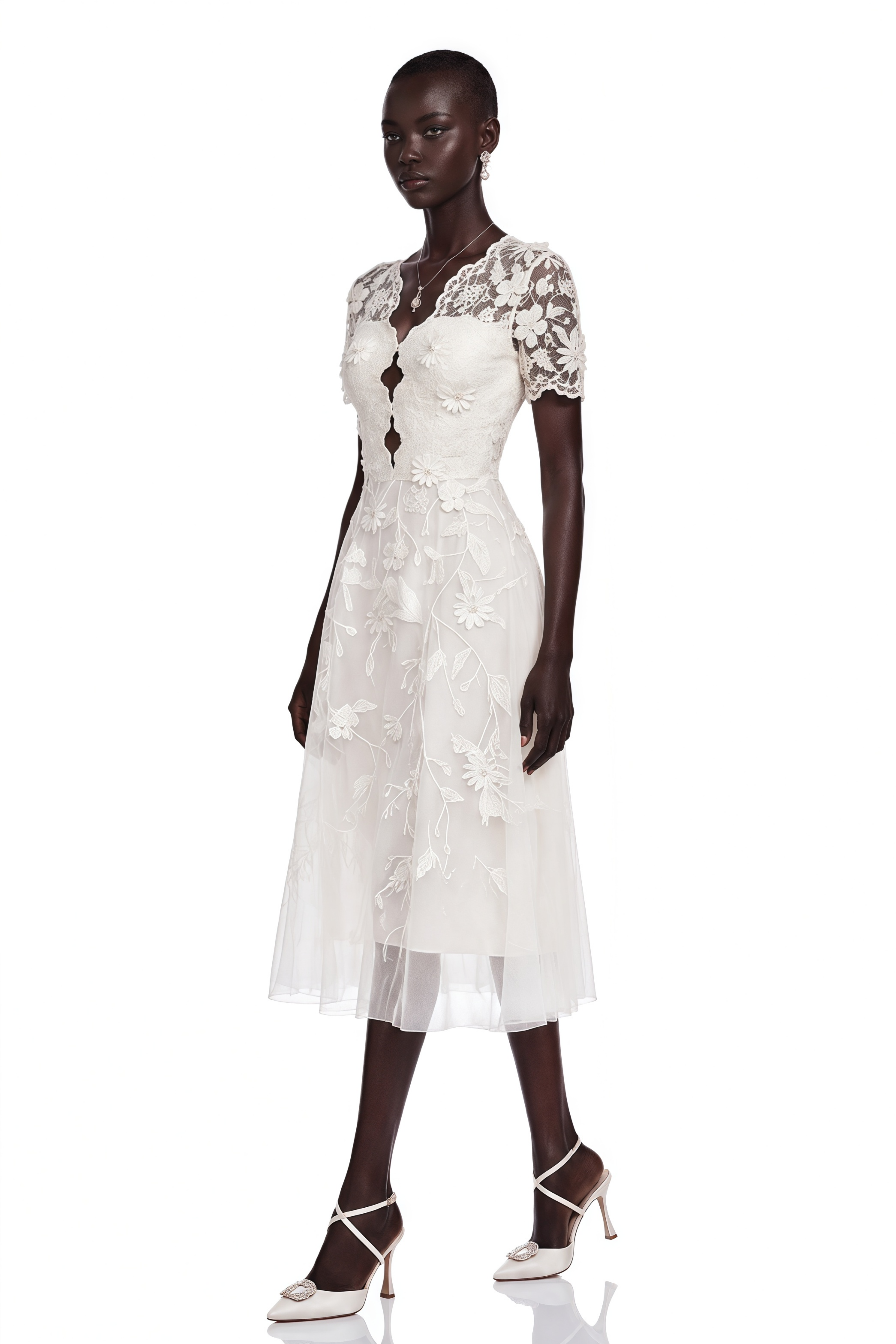 Quetz White Midi Dress with 3D Petals