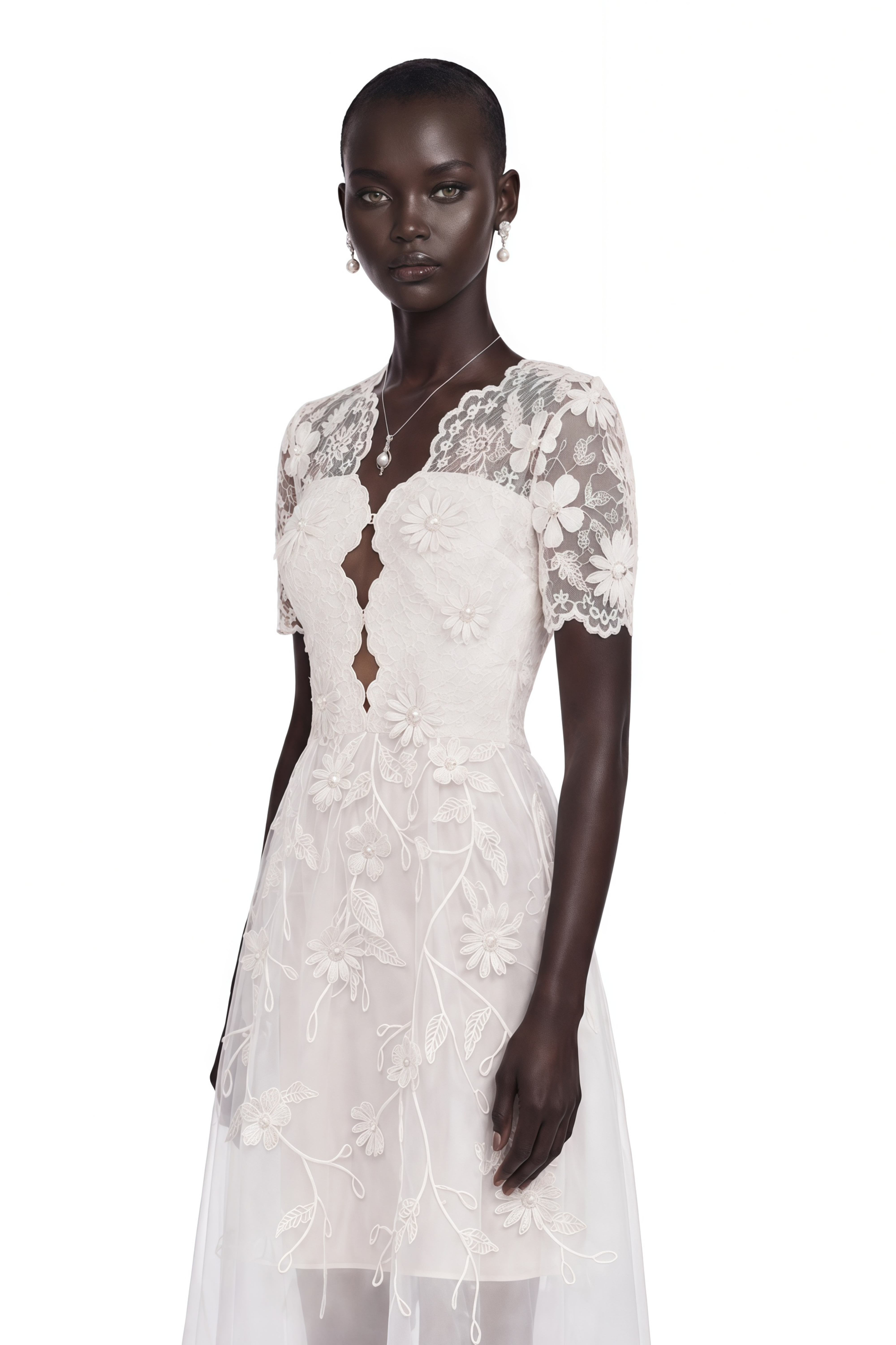Quetz White Midi Dress with 3D Petals