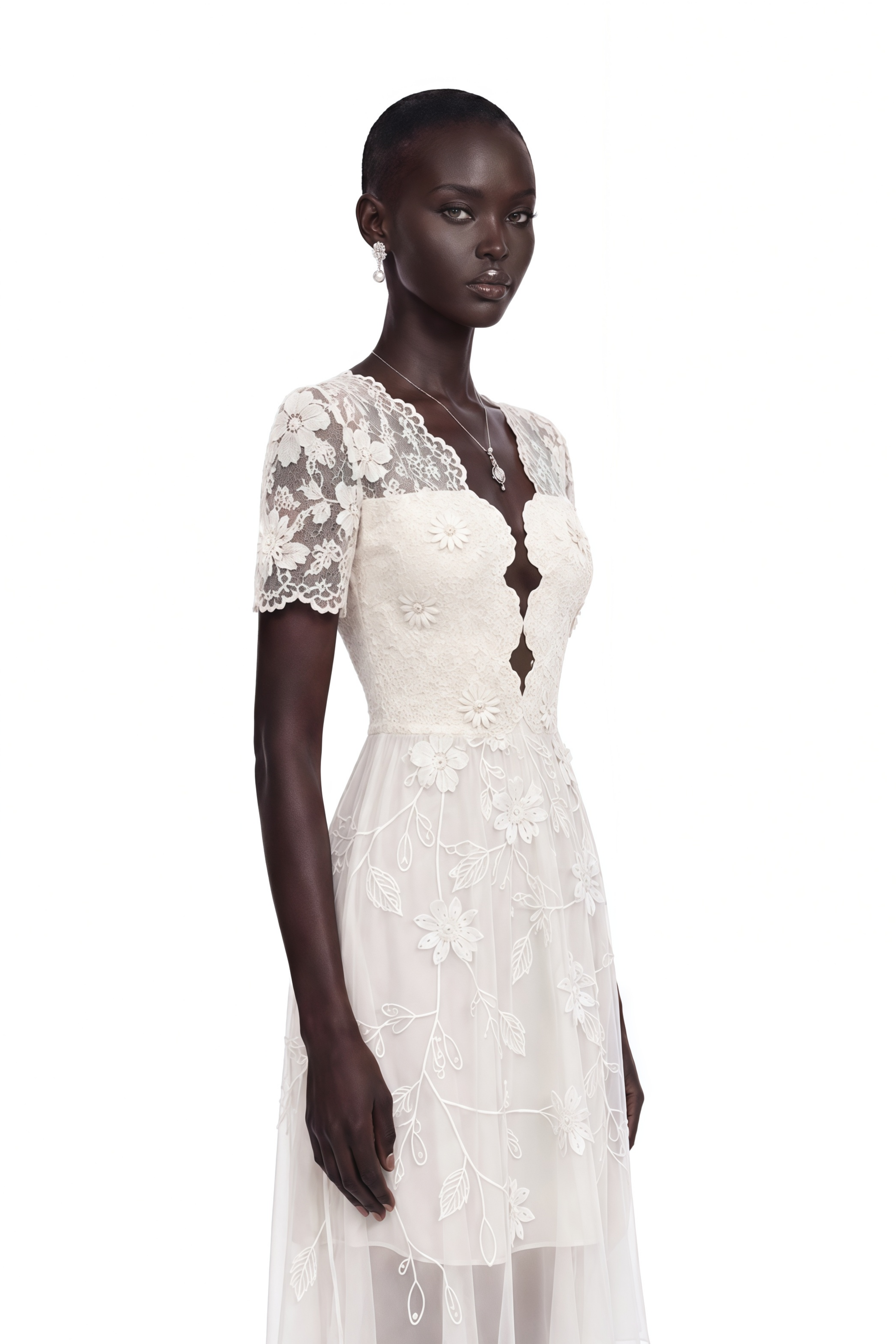 Quetz White Midi Dress with 3D Petals
