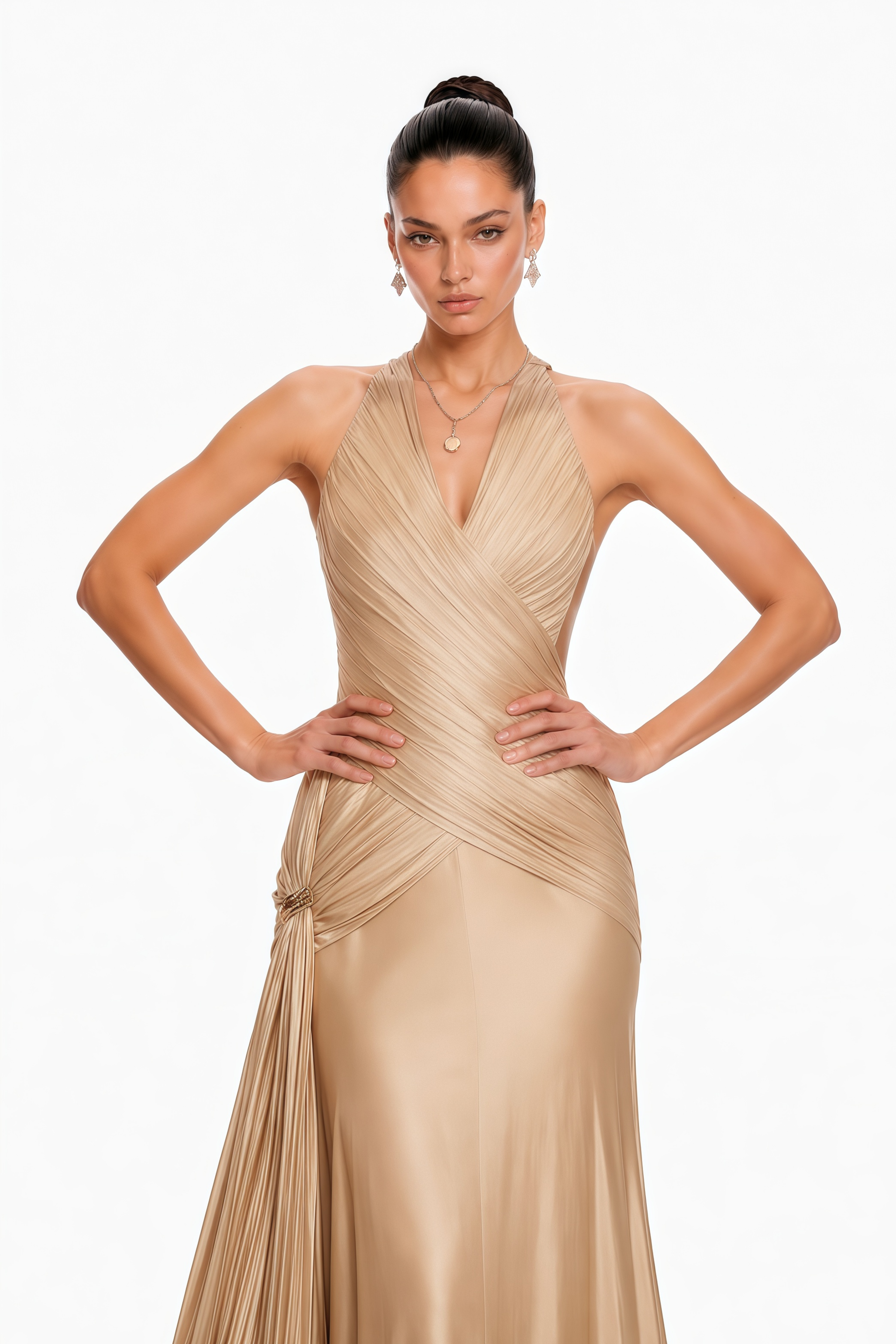 Sapir Bronze Halterneck Satin Maxi Dress with Ribbon