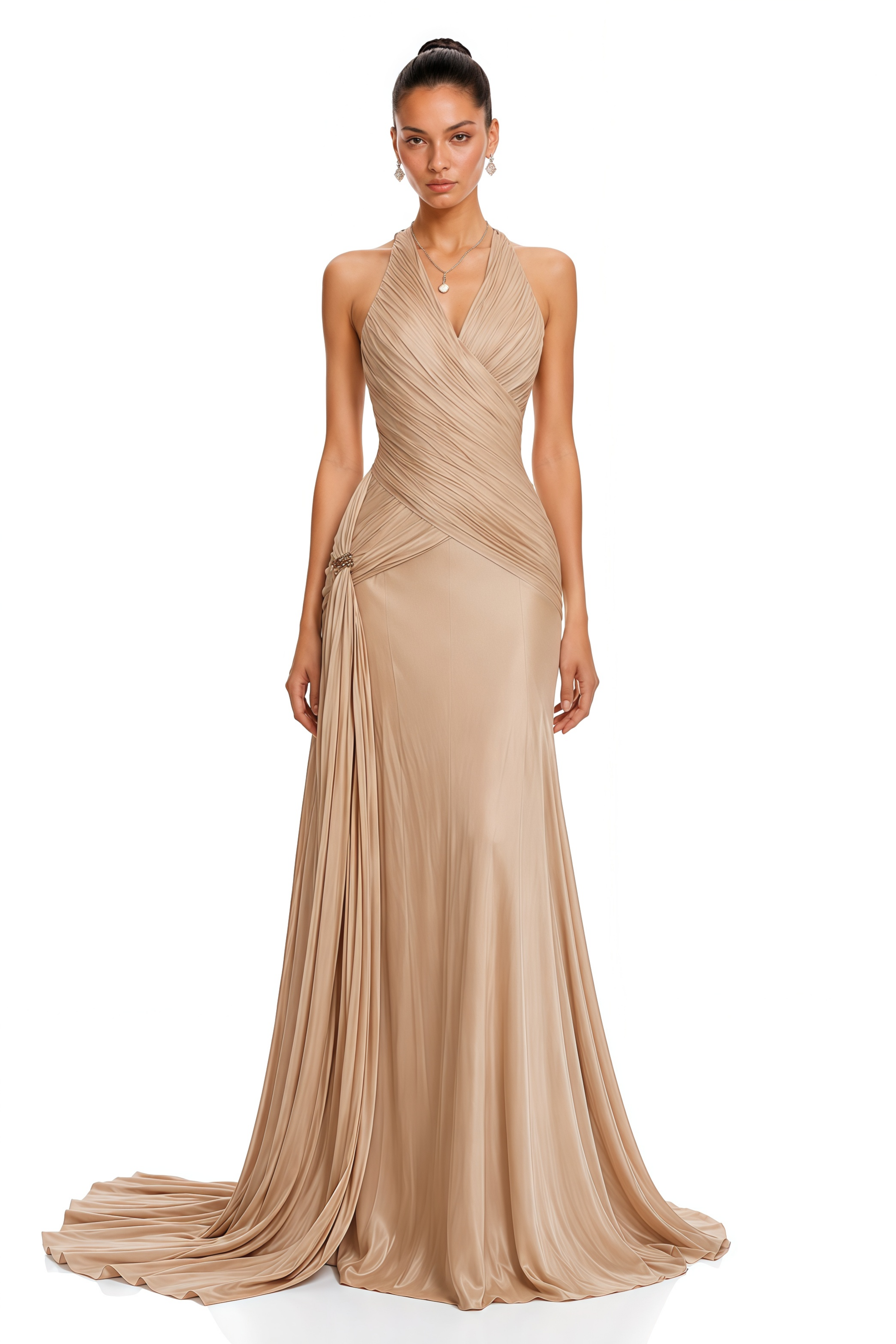 Sapir Bronze Halterneck Satin Maxi Dress with Ribbon