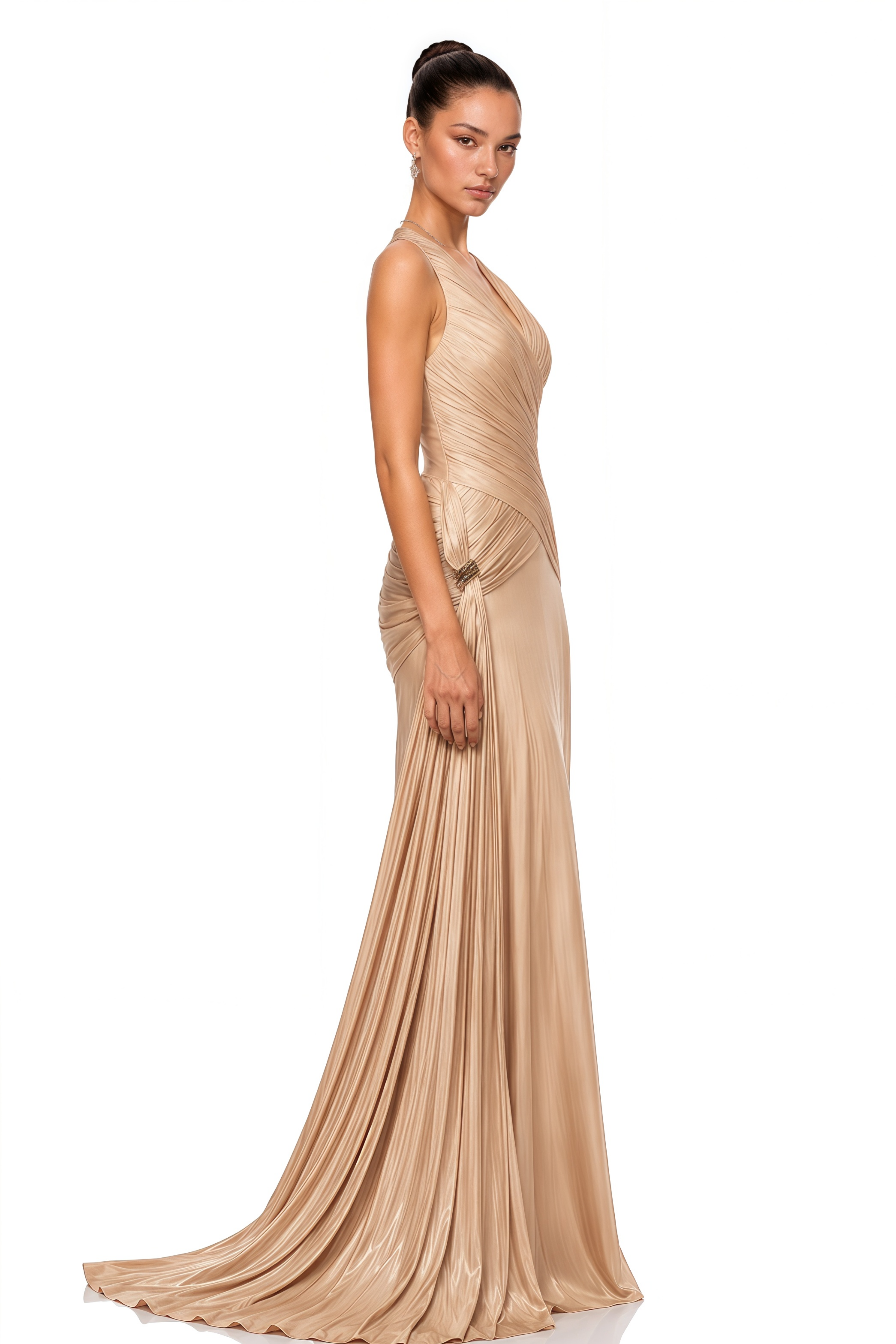 Sapir Bronze Halterneck Satin Maxi Dress with Ribbon