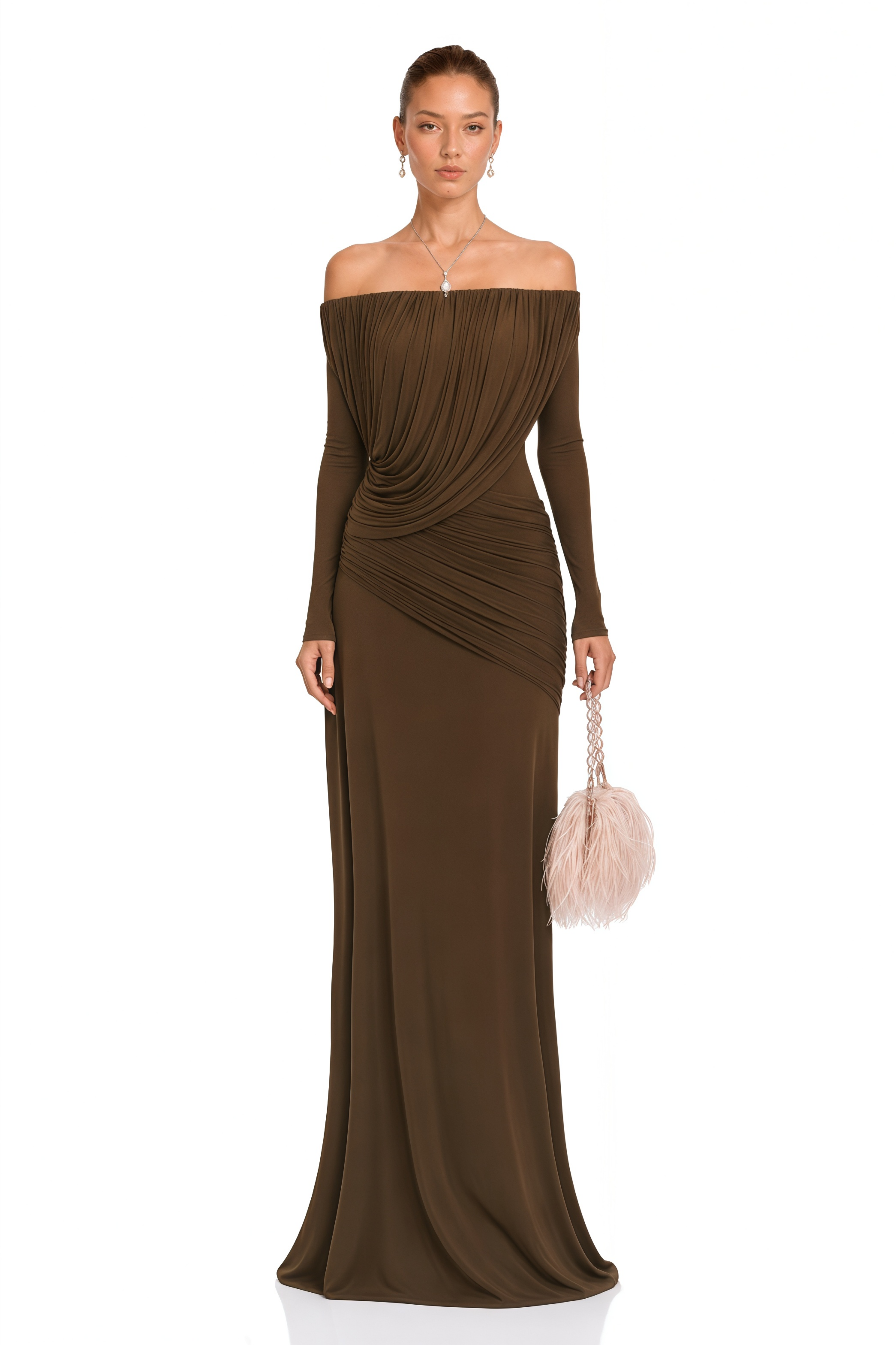 Zenobia Brown Asymmetrical Draped Mesh Maxi Dress