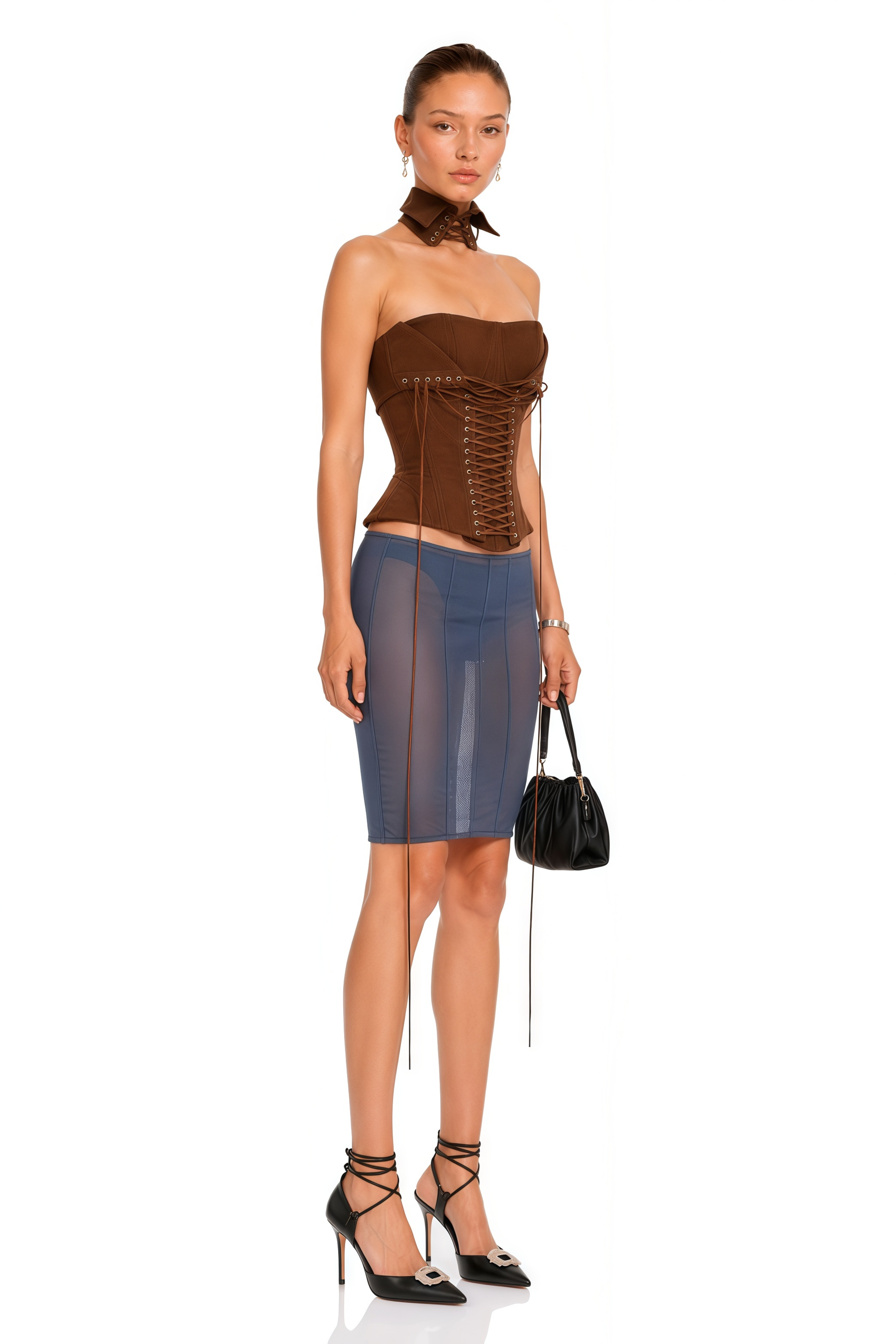 Indre Brown Lace Up Corset Crop Top
