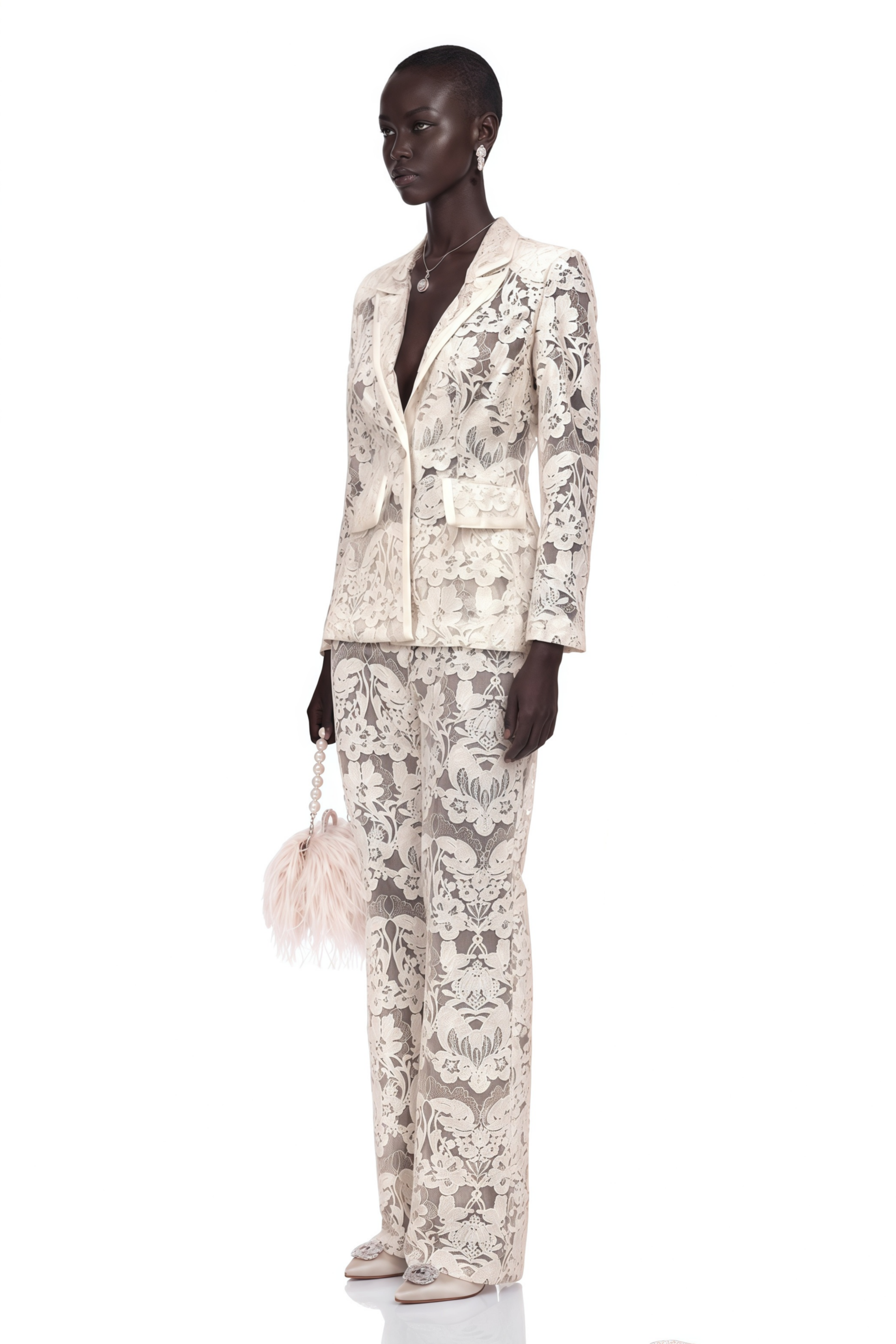 Yaelle White Sequined Flower-Embroidered Tulle Blazer & Trousers Matching Set