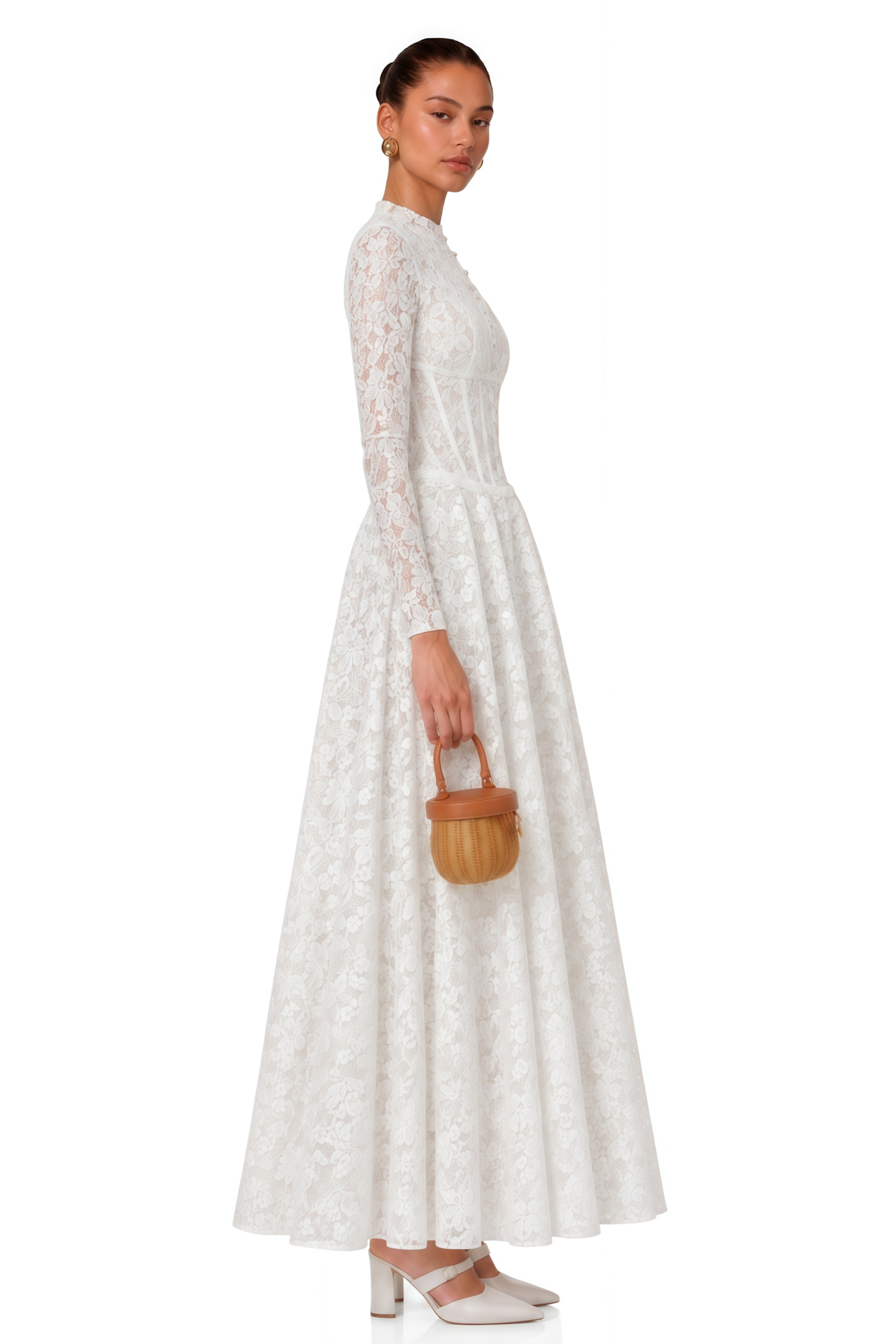 Narges White Lace Maxi Dress with Decorative Buttons