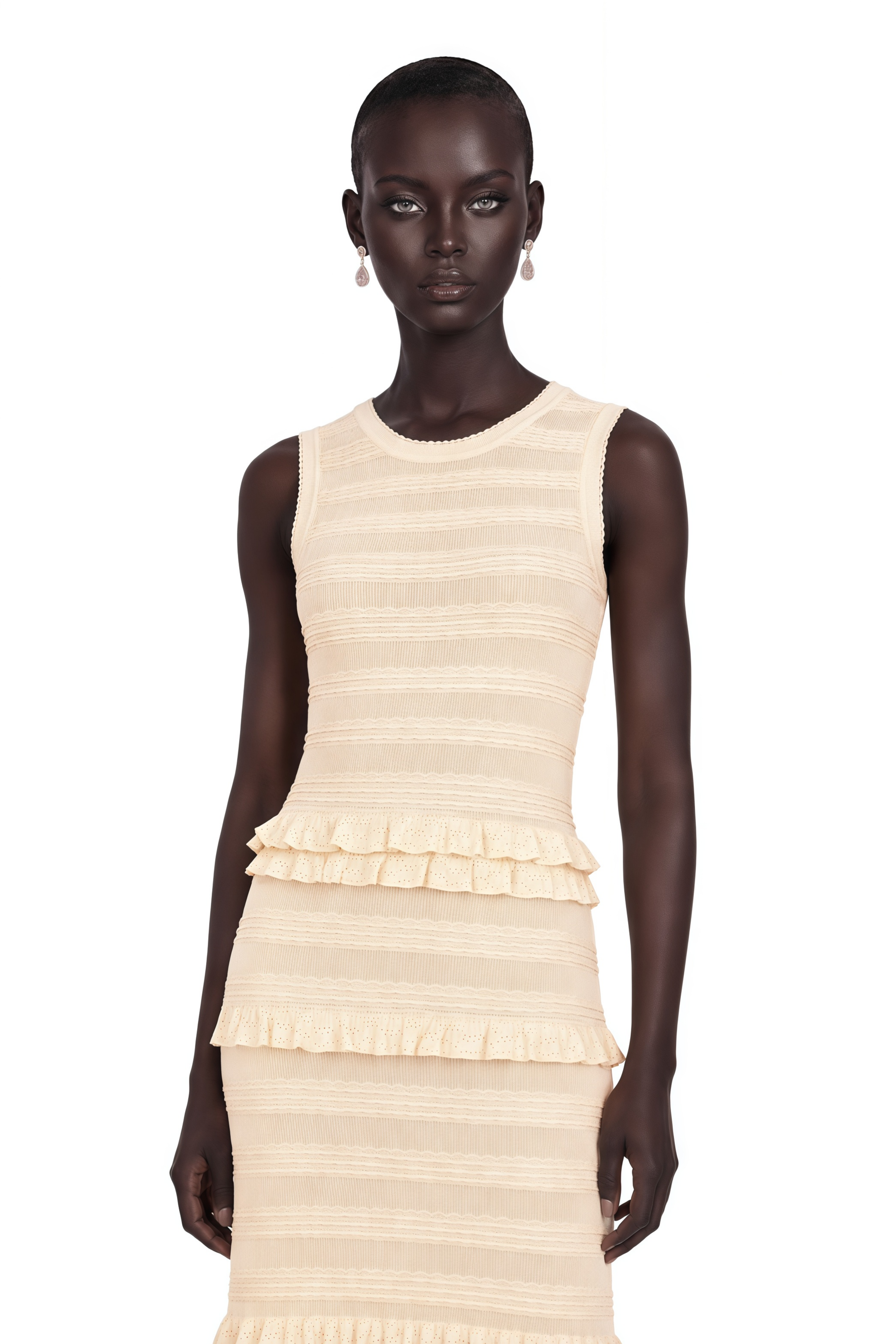 Airelle Beige Ruffled Sleeveless Knit Maxi Dress