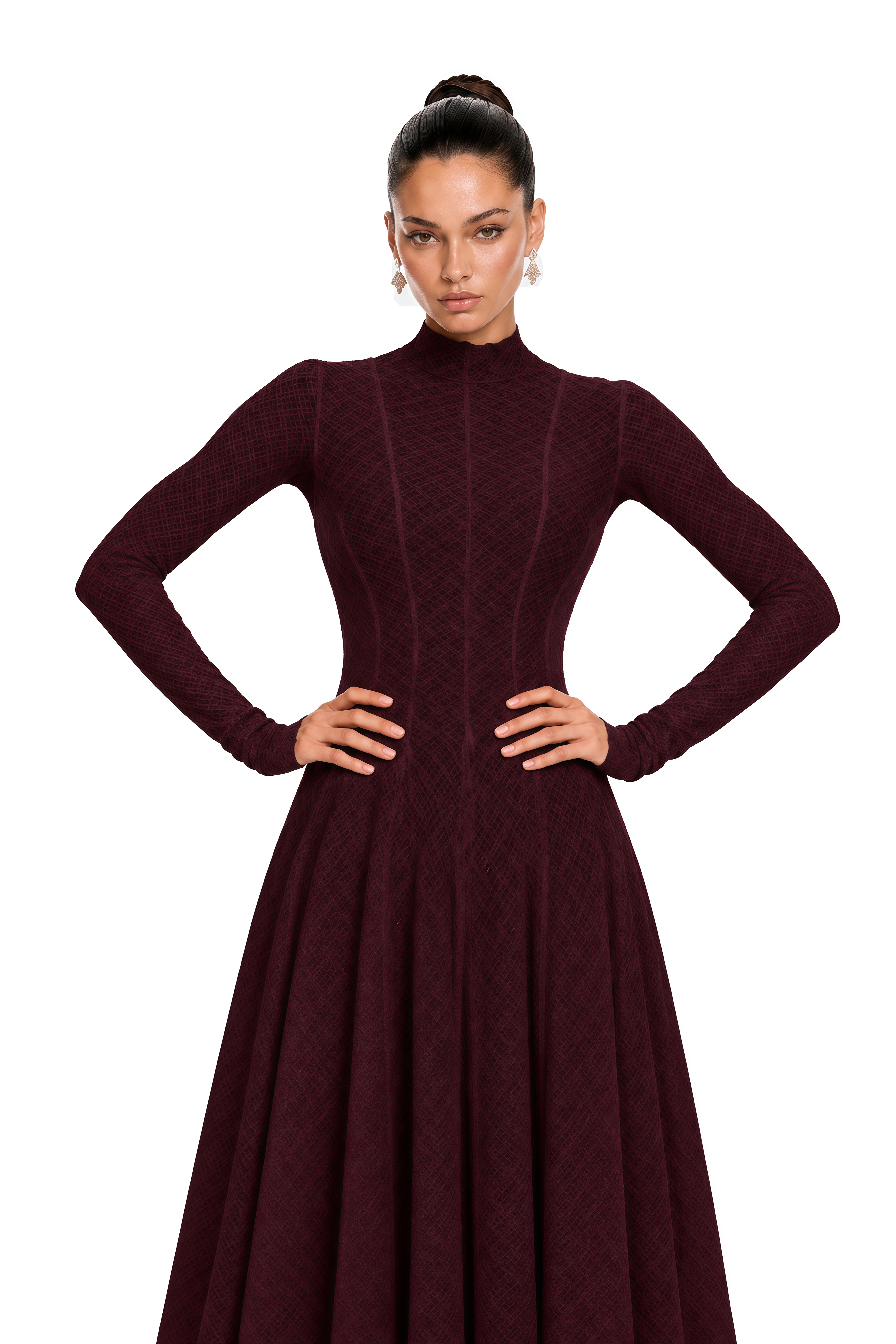 Athena Wavy-Pattern Lace Maxi Dress in Red