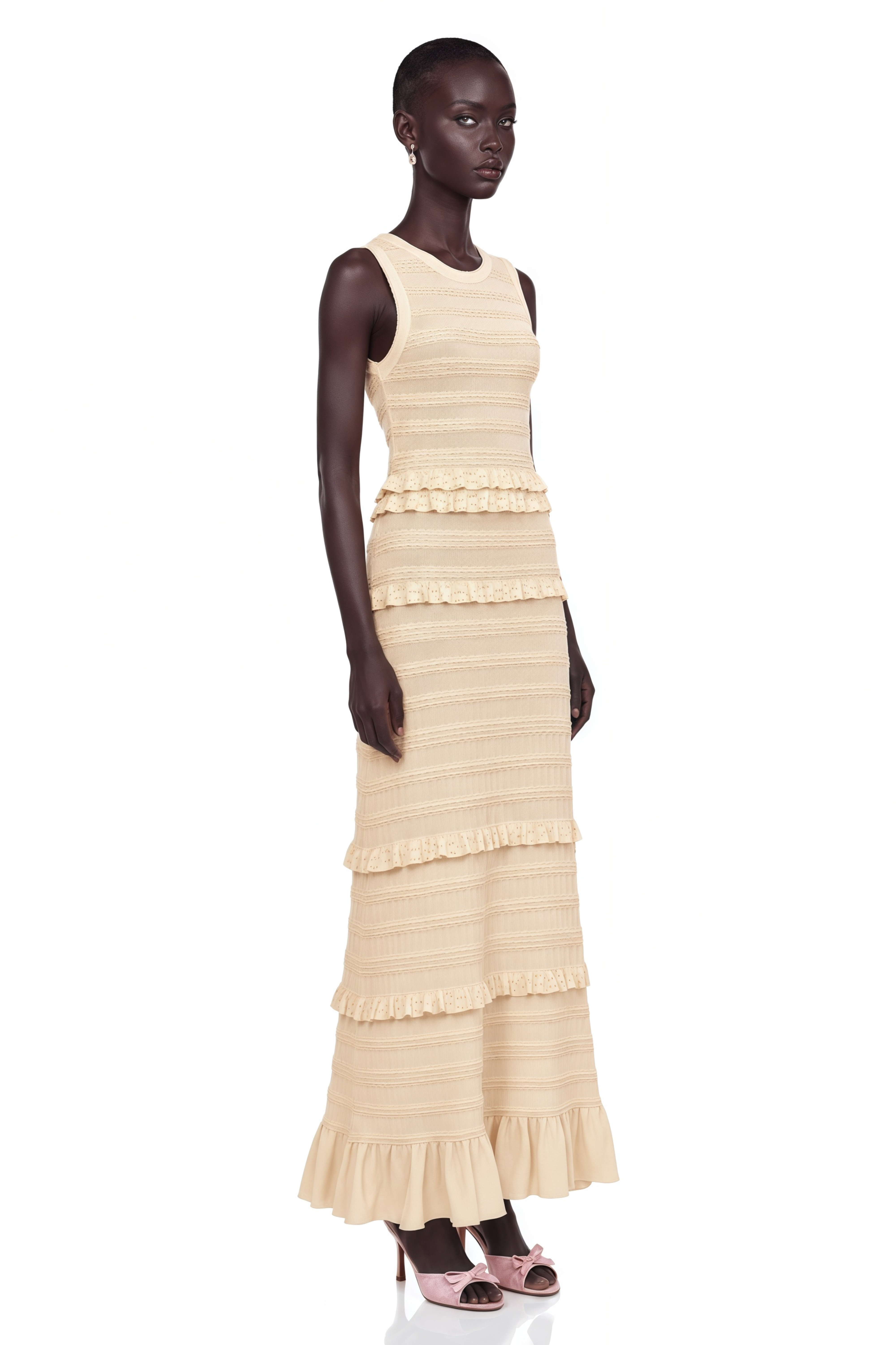 Airelle Beige Ruffled Sleeveless Knit Maxi Dress