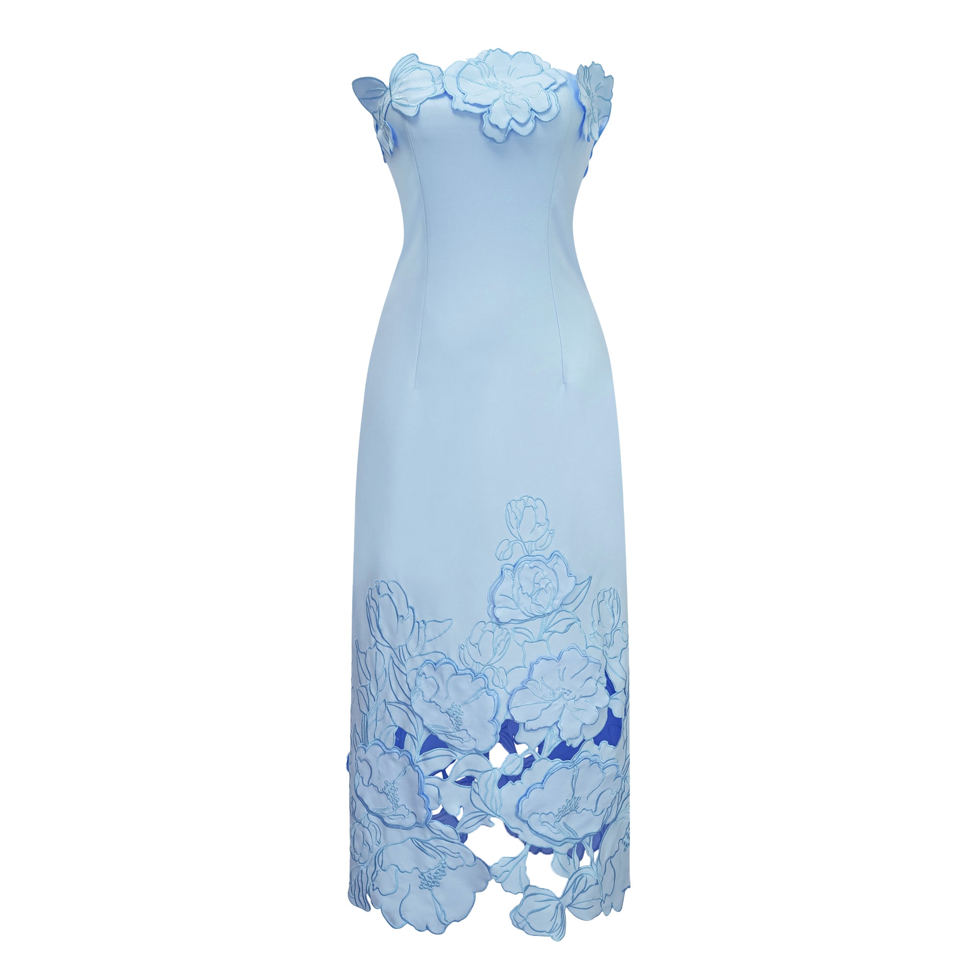 Light blue strapless gown with 3D floral appliqués and a cutout floral hem