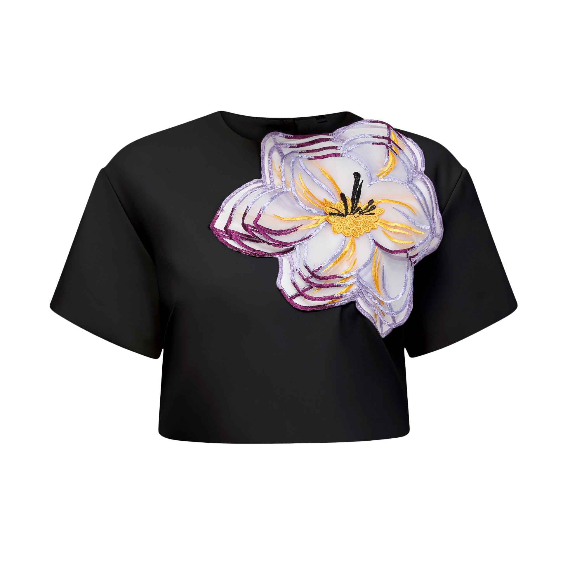 Black short-sleeve crop top and maxi skirt set with large floral embroidery