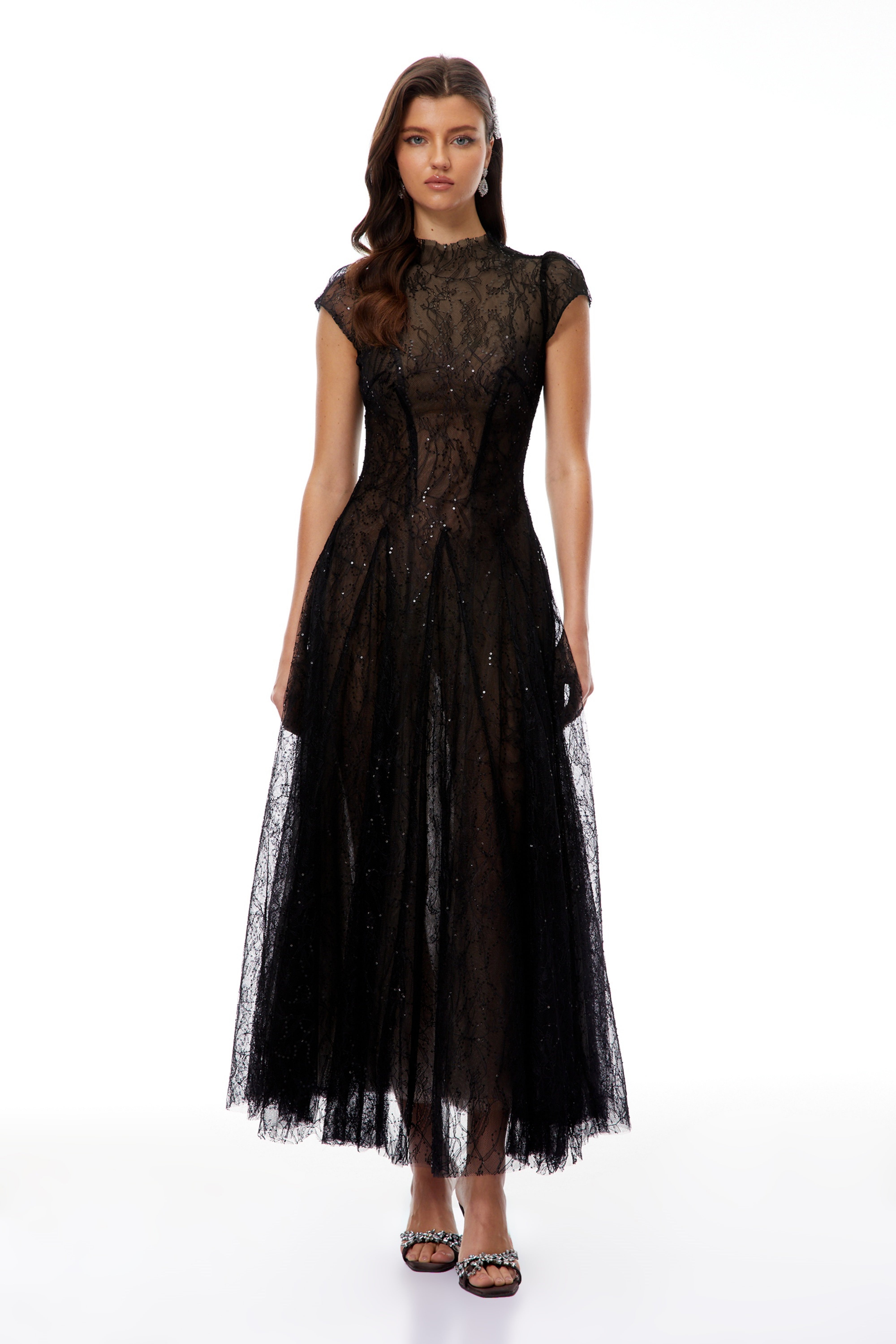 Black Lace Glitter Tulle Maxi Gown