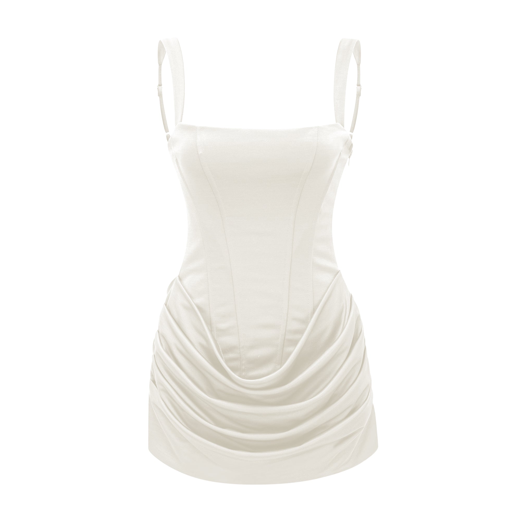 White corset mini dress with a draped skirt