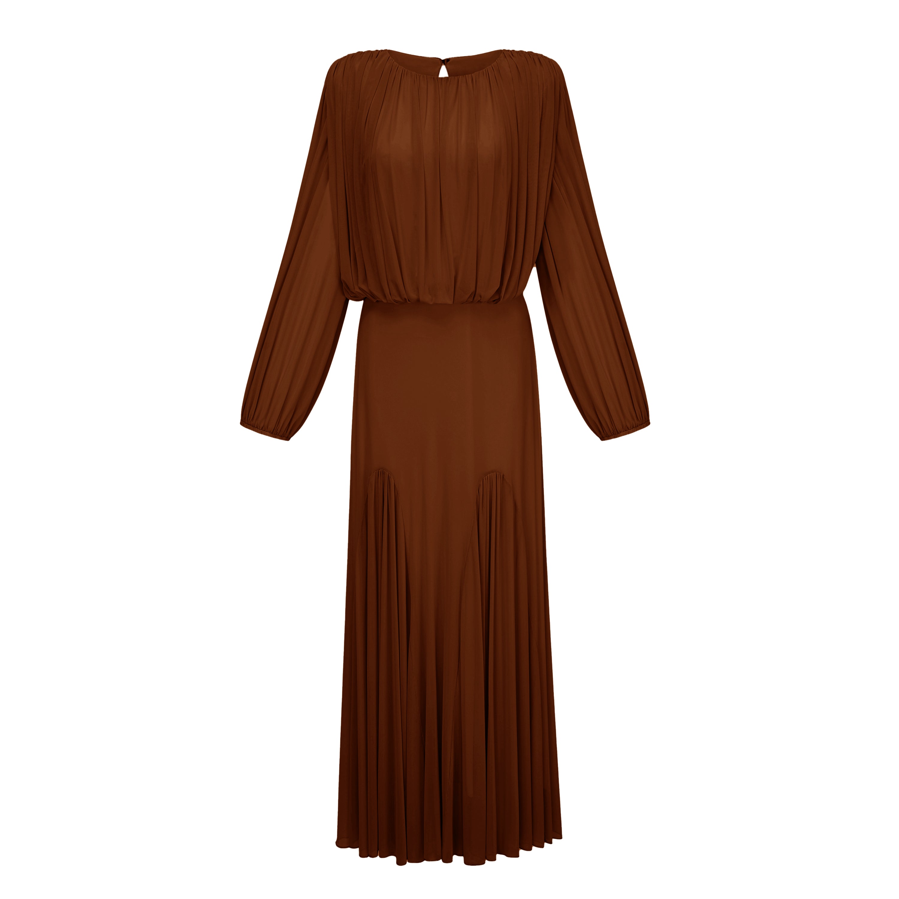 Brown Pleated Maxi Dress with Long Lantern Sleeves