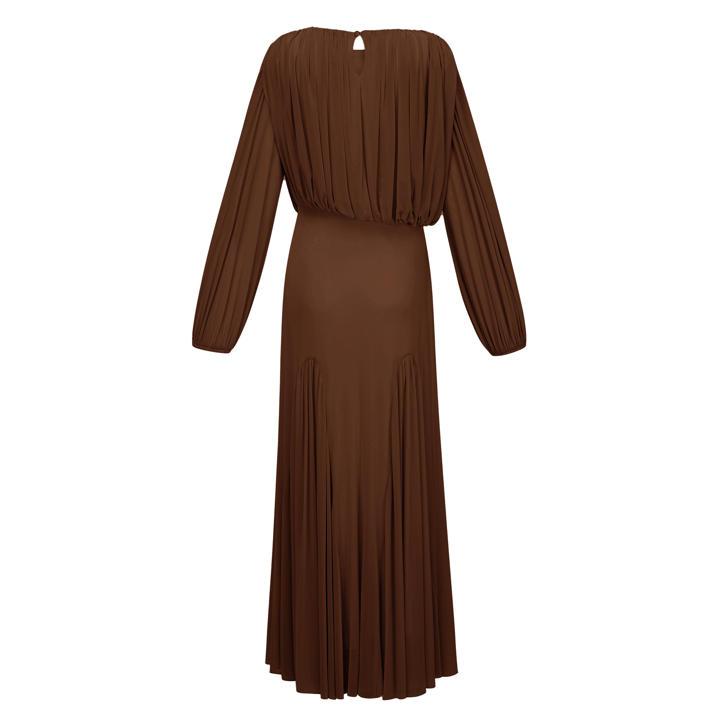 Brown Pleated Maxi Dress with Long Lantern Sleeves