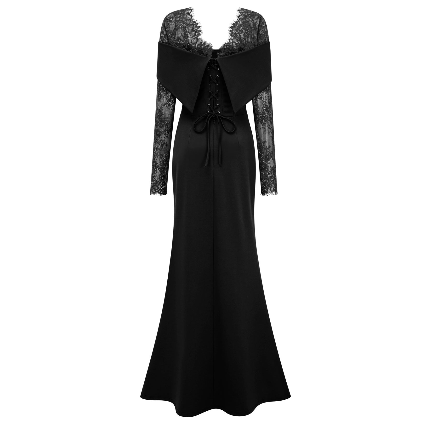Black Lace Panel Flared Maxi Gown