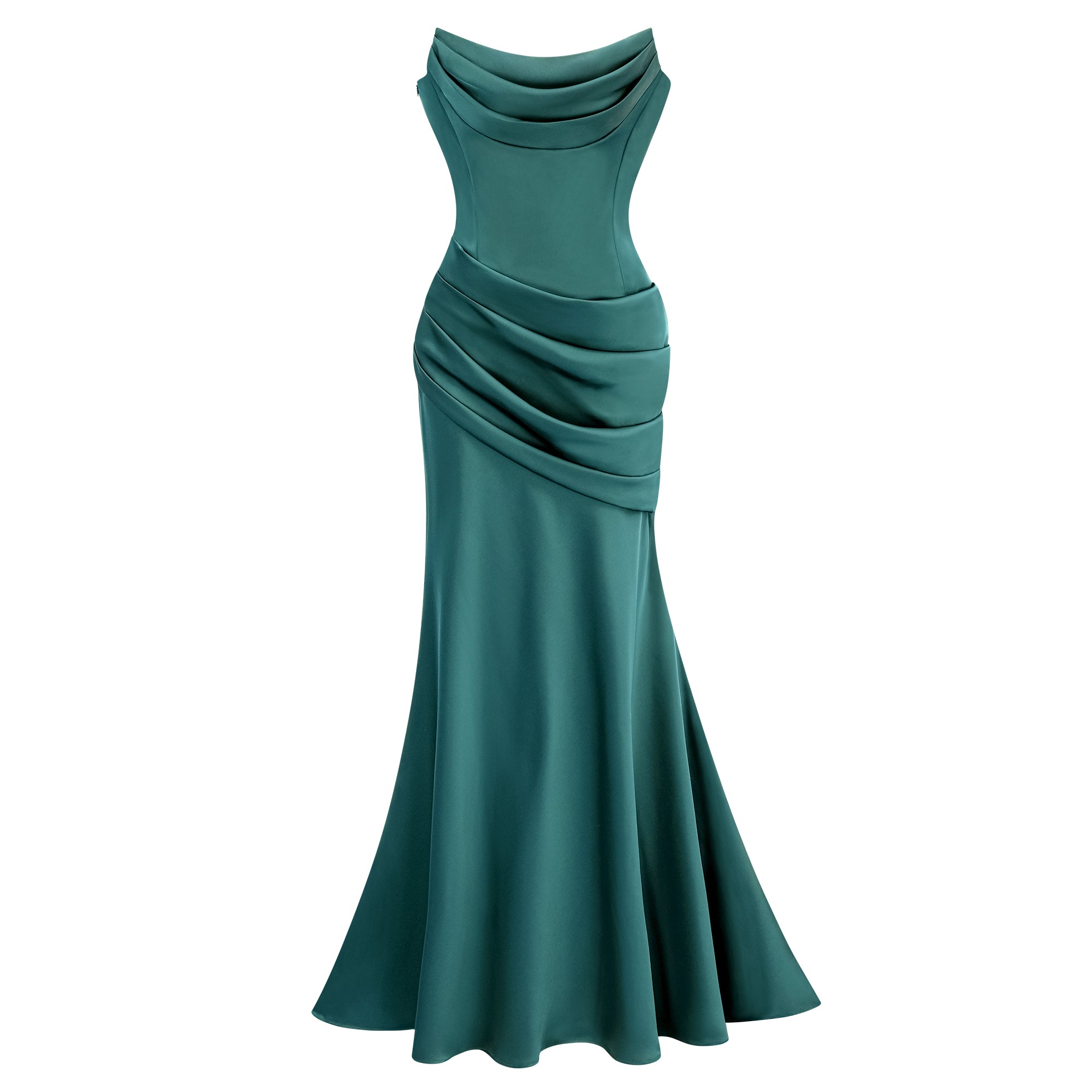 Green Ruched Satin Maxi Dress