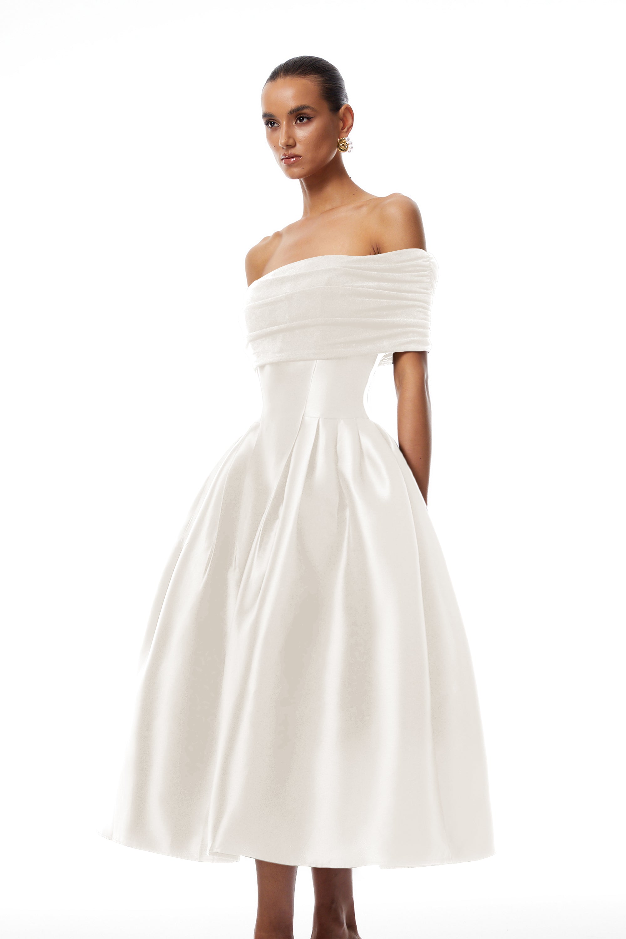 White Off Shoulder Polished Midi Dress