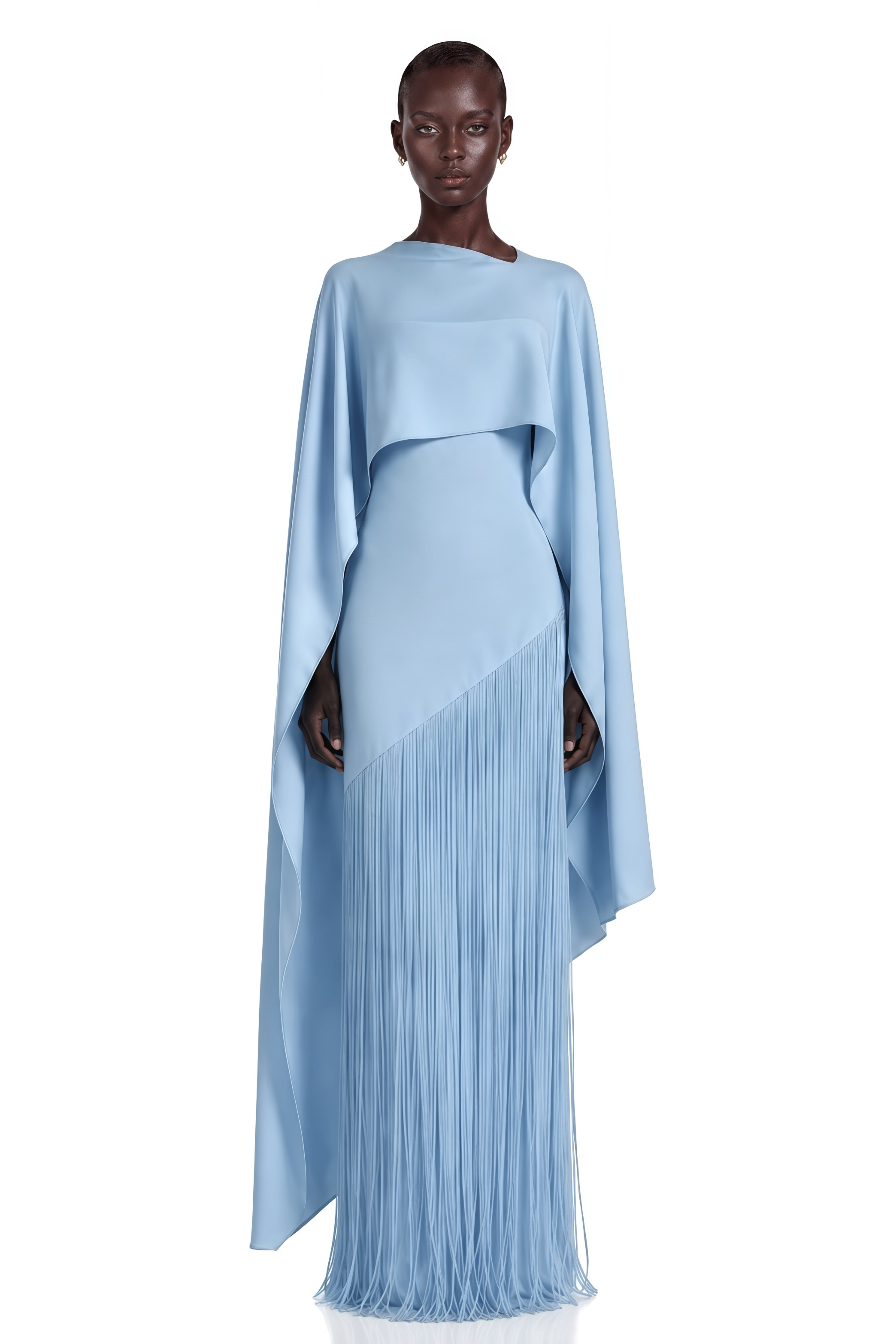 Cayetana Sapphire Blue Fringe Maxi Dress with Cape Effect