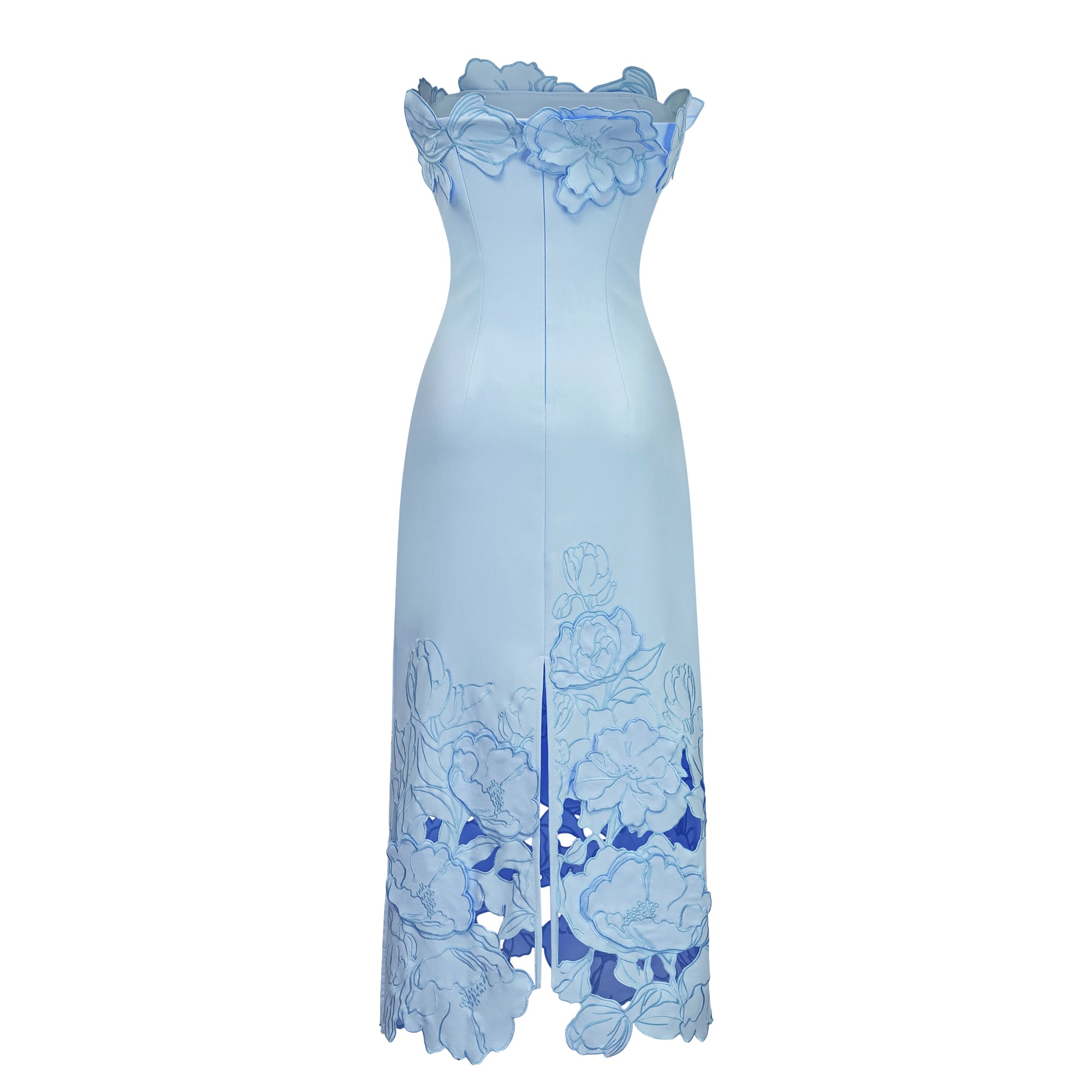 Light blue strapless gown with 3D floral appliqués and a cutout floral hem