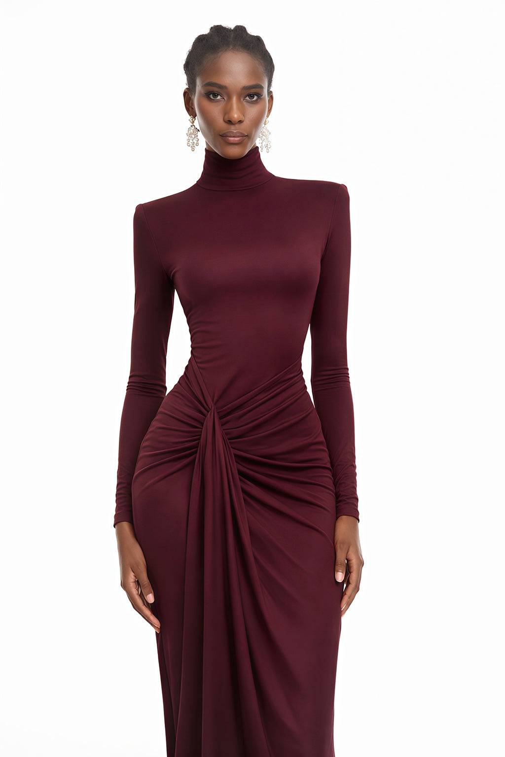 High-Neck Long Sleeve Knot Maxi Dress