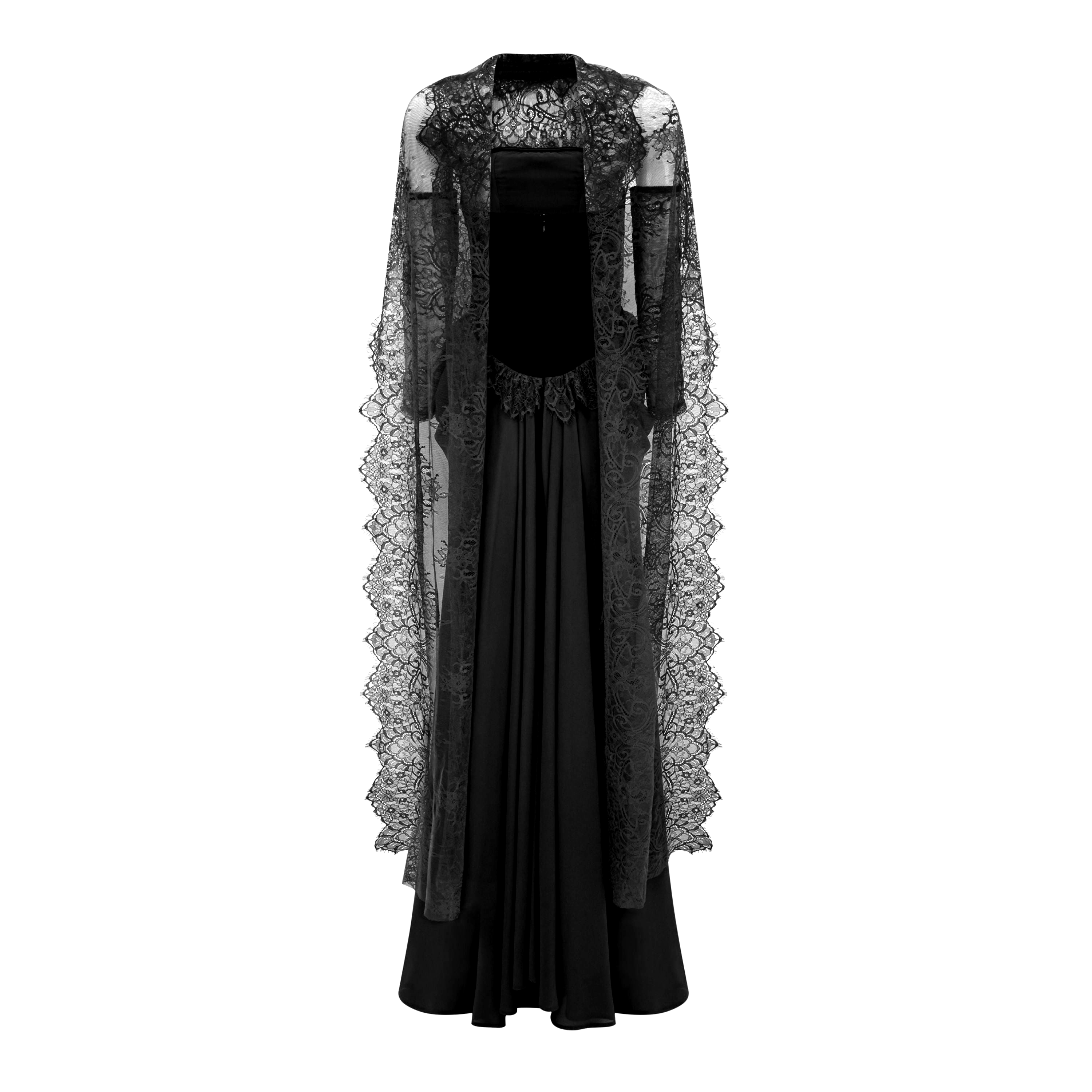 Seraphina Black Floral Lace Maxi Dress with Cape